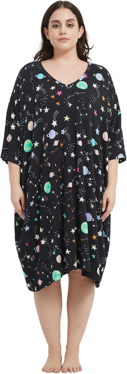 KFUBUO Plus Size Nightgowns for Women V-Neck Sleep Tshirts Dress Pjs Lounge Short Sleeves Sleepwear With Pocket Fit S-5XL - Image 5