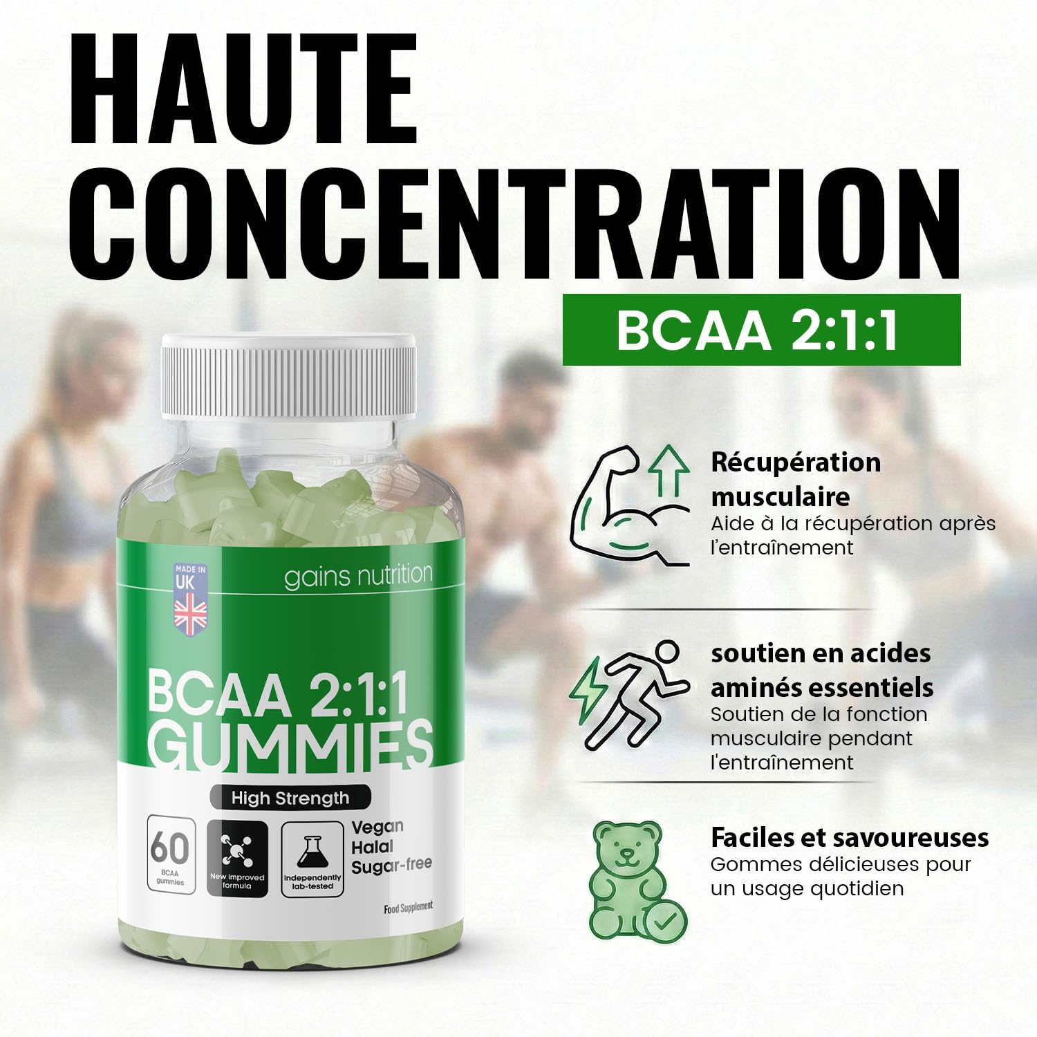 GN BCAA Gummies | 60 Gommes Acides Amines BCAA - 1000 mg Acide Aminé ramifié par portion - Complément L-Leucine L-Isoleucine L-Valine | Saveur pomme | Sans OGM Convient aux Végétaliens et Végétariens