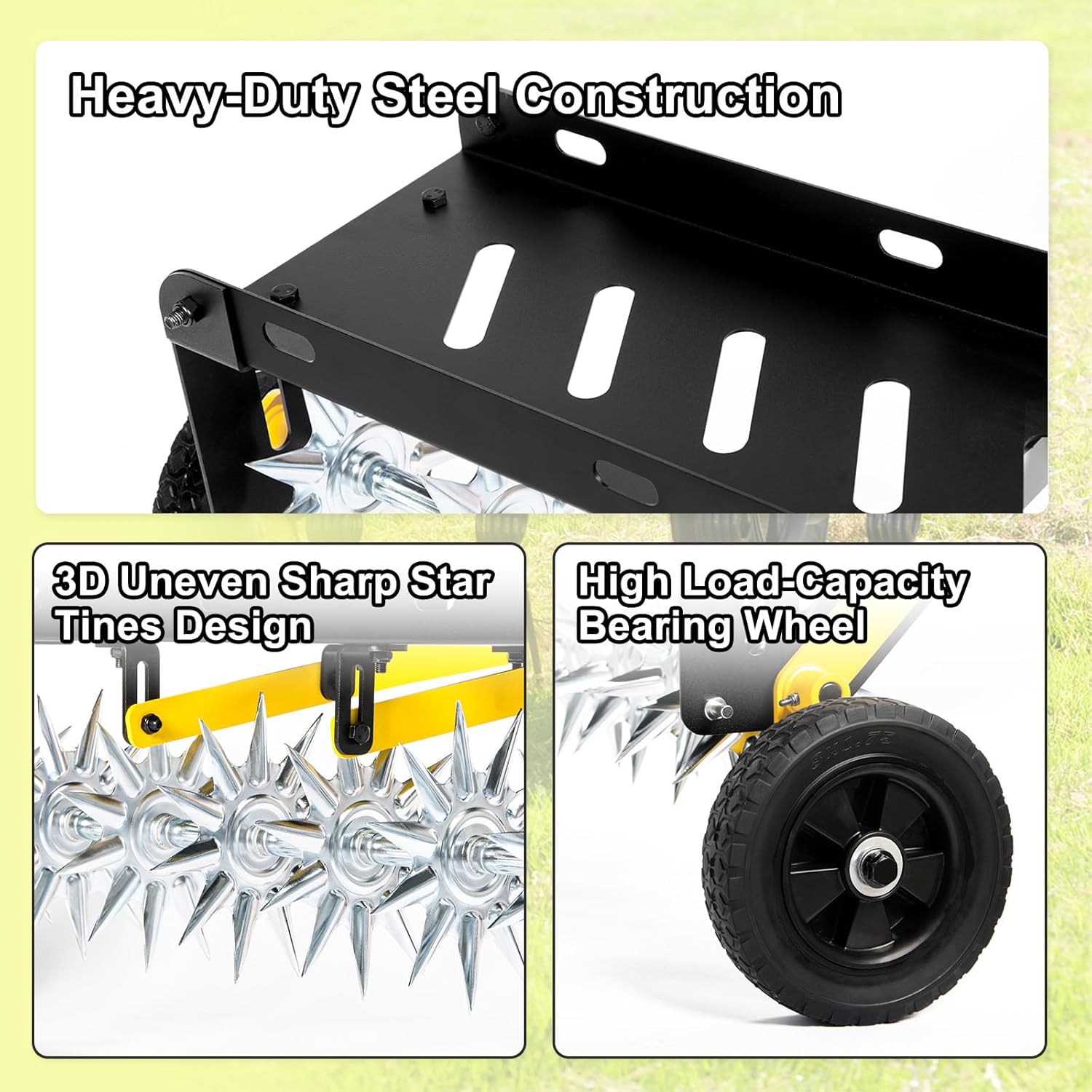 40-Inch Tow Behind Spike Aerator, Pull Behind Lawn Aerator with 10 Galvanized Steel Tines for Aerating Lawns, Soil Penetrator Spikes Tractor with Wheels, Extra-Wide Tow Bar for Garden & Farm