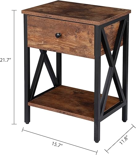 Miniatura 3 de SUPER DEAL Juego de 2 mesitas de noche con cajón y estante de almacenamiento, mesita de noche industrial, marco en X de metal resistente para