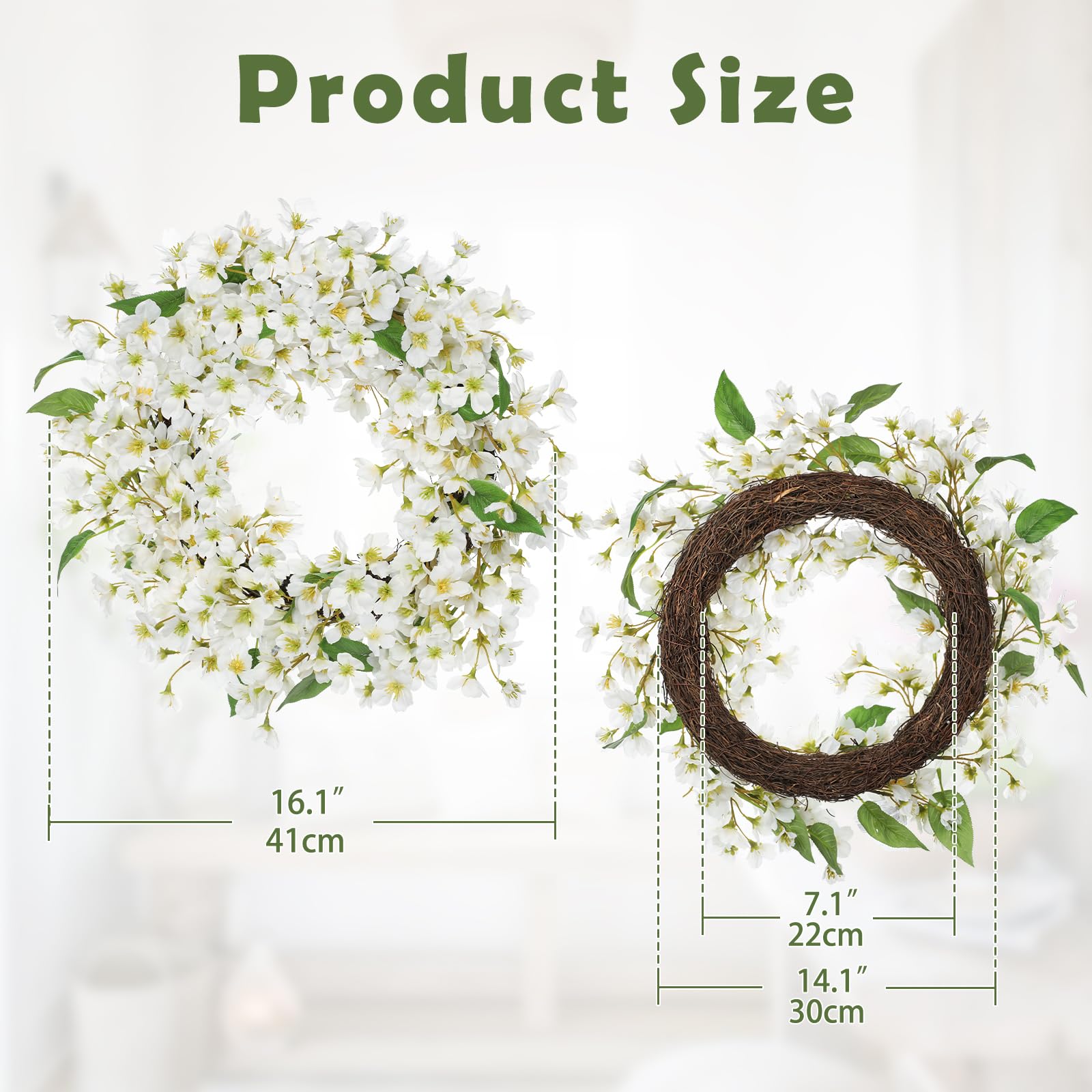 Hollyone 16inch/41cm Artificial Cherry Blossom Wreath for Front Door Spring Floral Wreath White Fake Flower Decorations for Mantle Window - Image 2