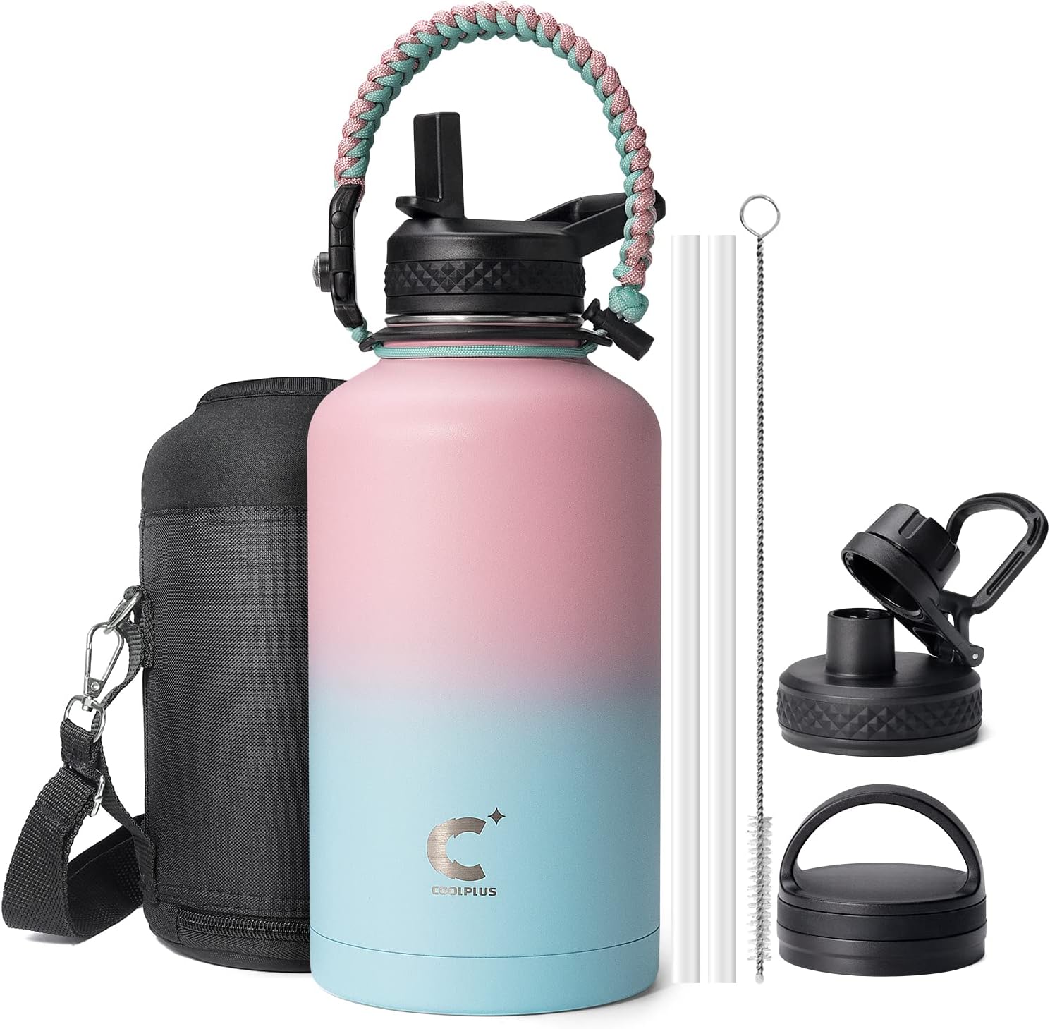 Coolplus Insulated Water Bottle 64 oz with Straws, Half Gallon Water Jug with Paracord Handle