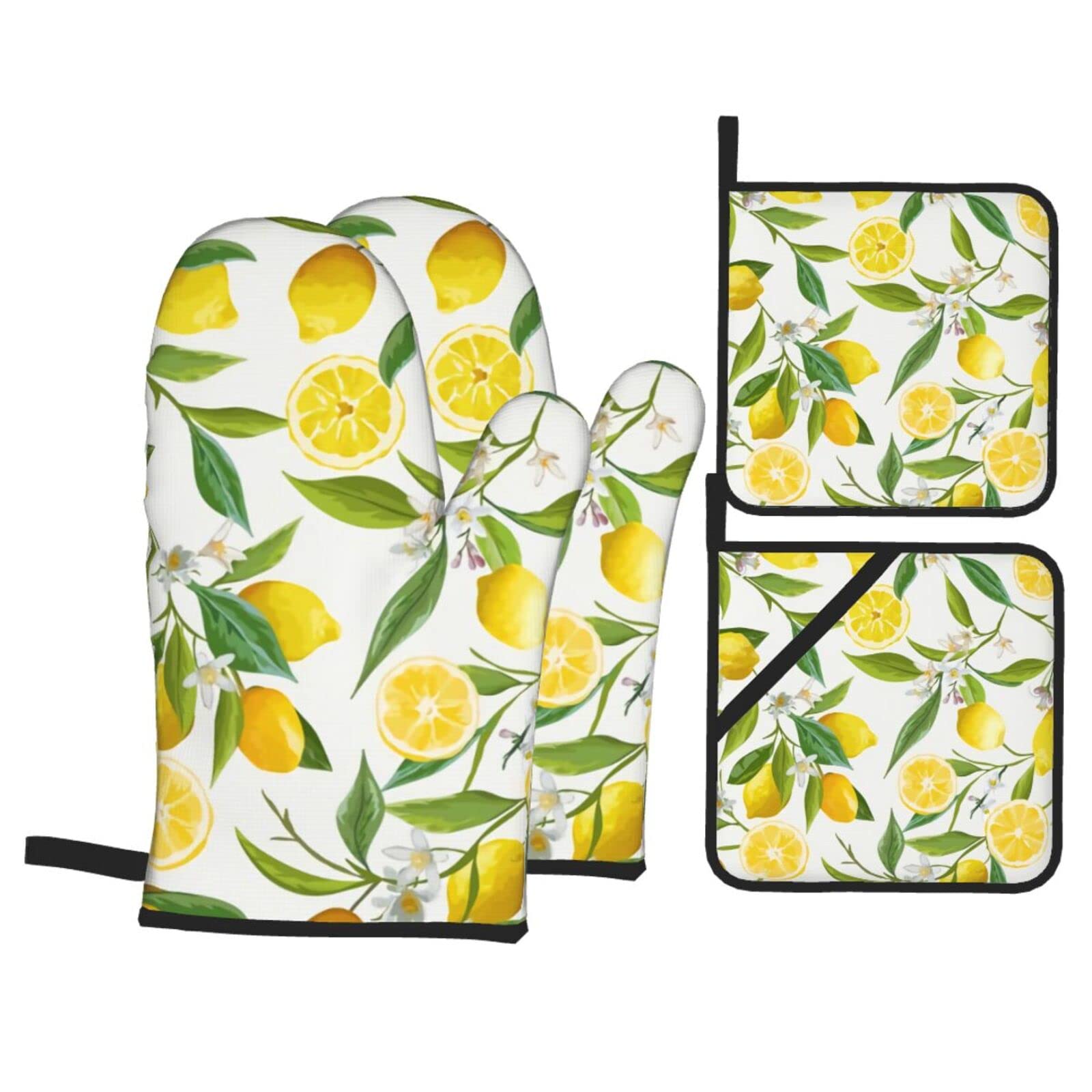 Cuted Lemone Oven Mitts and Pot Holders Sets of 4 with Polyester Heat Resistant Non-Slip Oven Glove Pads for Kitchen Baking Cooking BBQ