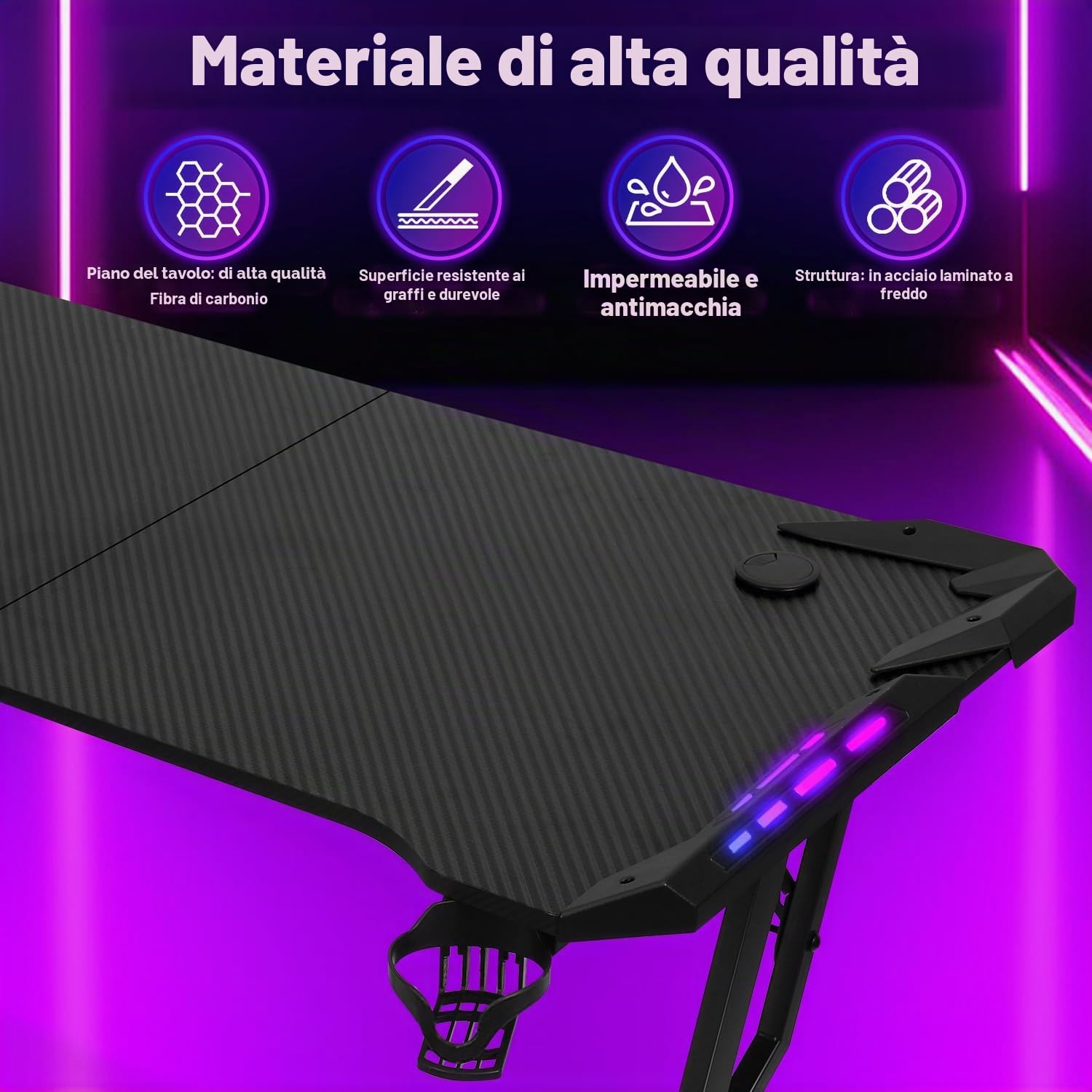Scrivania Gaming LED 140 x 60cm, Tavolo Gaming Ergonomica, Postazione Gamer con Superficie in Fibra di Carbonio, Scrivania per Computer con Porta Tazza e Gancio per Cuffie, Nero
