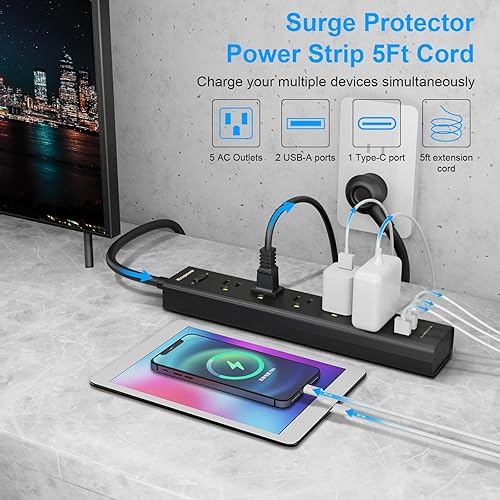 Miniatura 2 de Paquete de 2 protectores de sobretensiones con 5 enchufes ampliamente espaciados, 3 puertos USB (1 puerto USB C), 1250 W10 A con cable de extensión