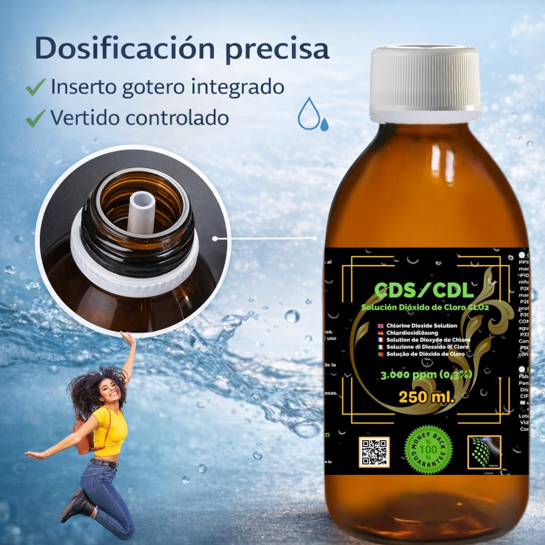 CDS/CDL 3 000 ppm | Lot de 2 x 250 ml - (500 ml) - Solution de dioxyde de chlore dans une bouteille en verre ambre avec bouchon de sécurité et doseur en cadeau | Haute pureté