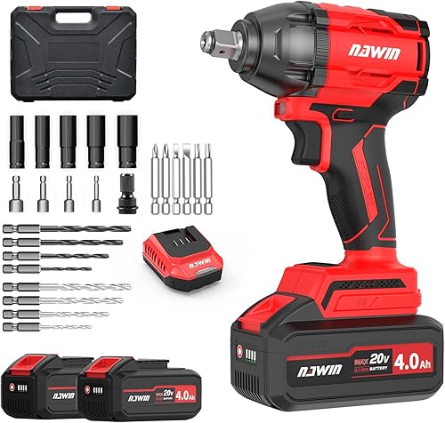 NAWIN Llave de impacto inalámbrica, pistola de impacto de 12, sin escobillas, llave de impacto eléctrica inalámbrica de ajuste de múltiples