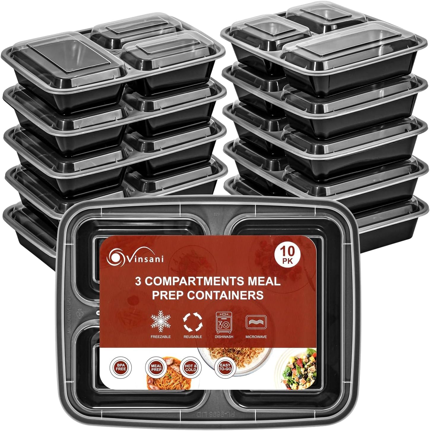 Vinsani 3 Compartment Meal Prep Containers – 10/20/30 Pack 32oz BPA-Free Reusable Plastic Food Storage Trays with Lids, Stackable Bento Lunch Boxes – Microwave, Freezer & Dishwasher Safe (30 Pack)