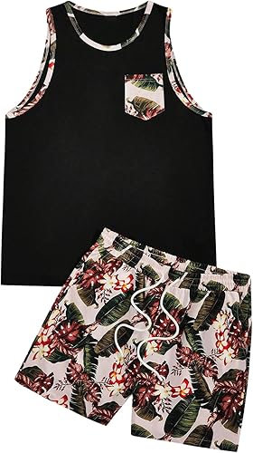 Miniatura 9 de GORGLITTER Conjunto de 2 piezas para hombre con estampado floral cintura elástica pantalones cortos sin mangas