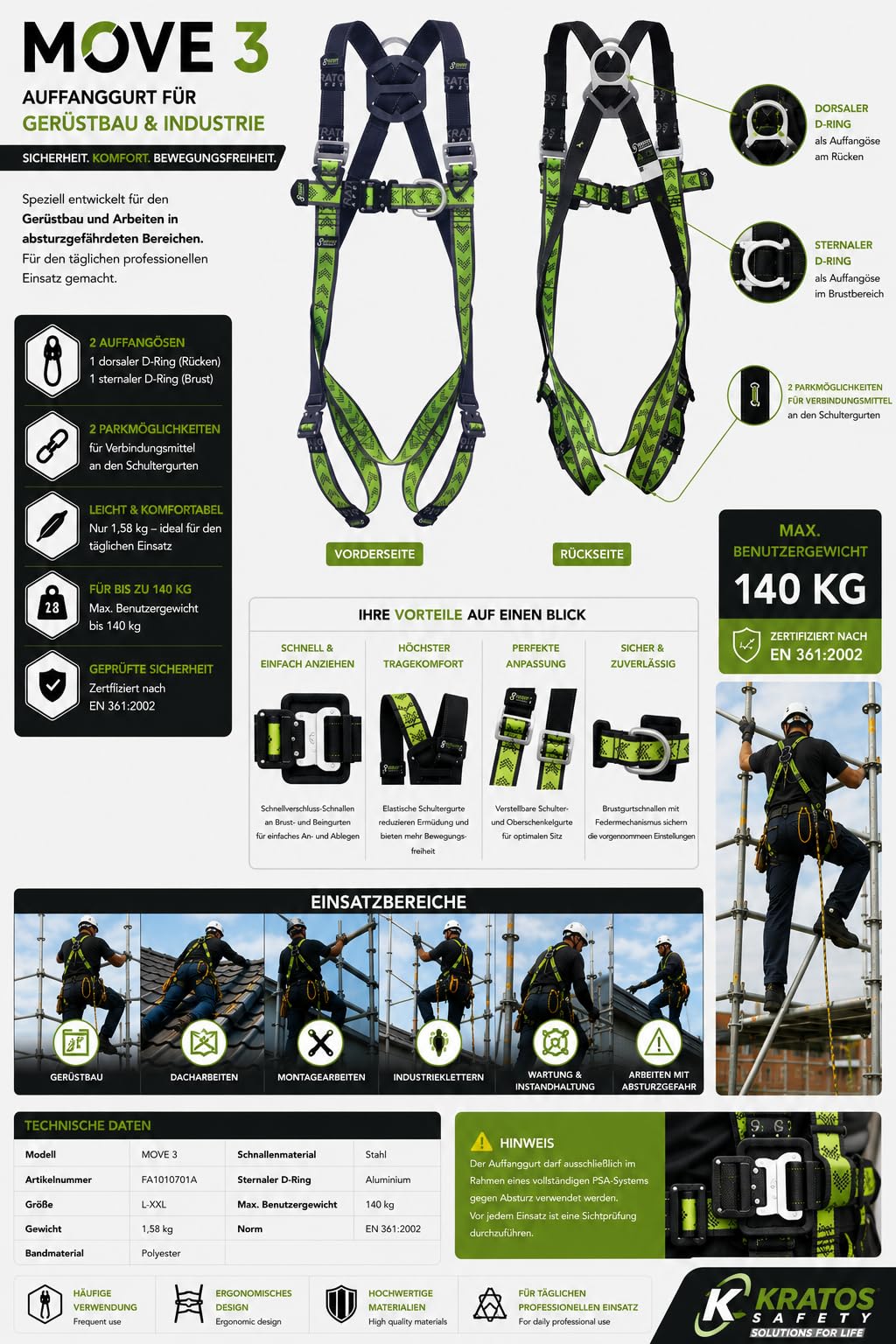 Kratos Safety Move 3 - Arnés de seguridad para andamios (L-XXL, EN 361, con punto de recogida dorsal y esternal, cierres rápidos, hasta 140 kg)