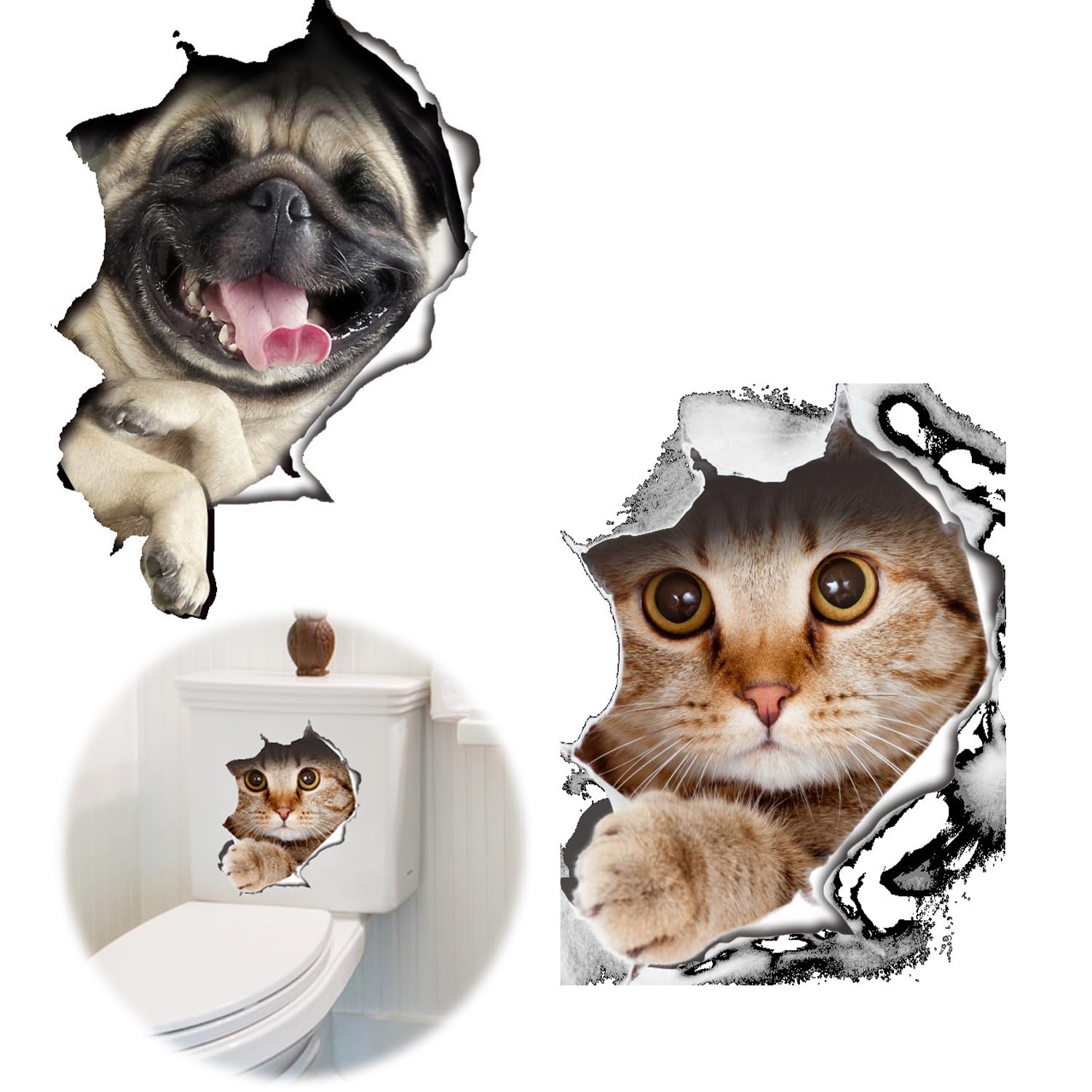 ウォールステッカー 猫 犬【2個入り】3D取り外し可能な漫画の動物の猫の大きい壁のステッカー かわいい動物 壁 シール 立体 猫 壁 ステッカー 子供部屋、トイレ、キッチン、オフィスのドア、窓、壁、あらゆる平滑面に適しています
