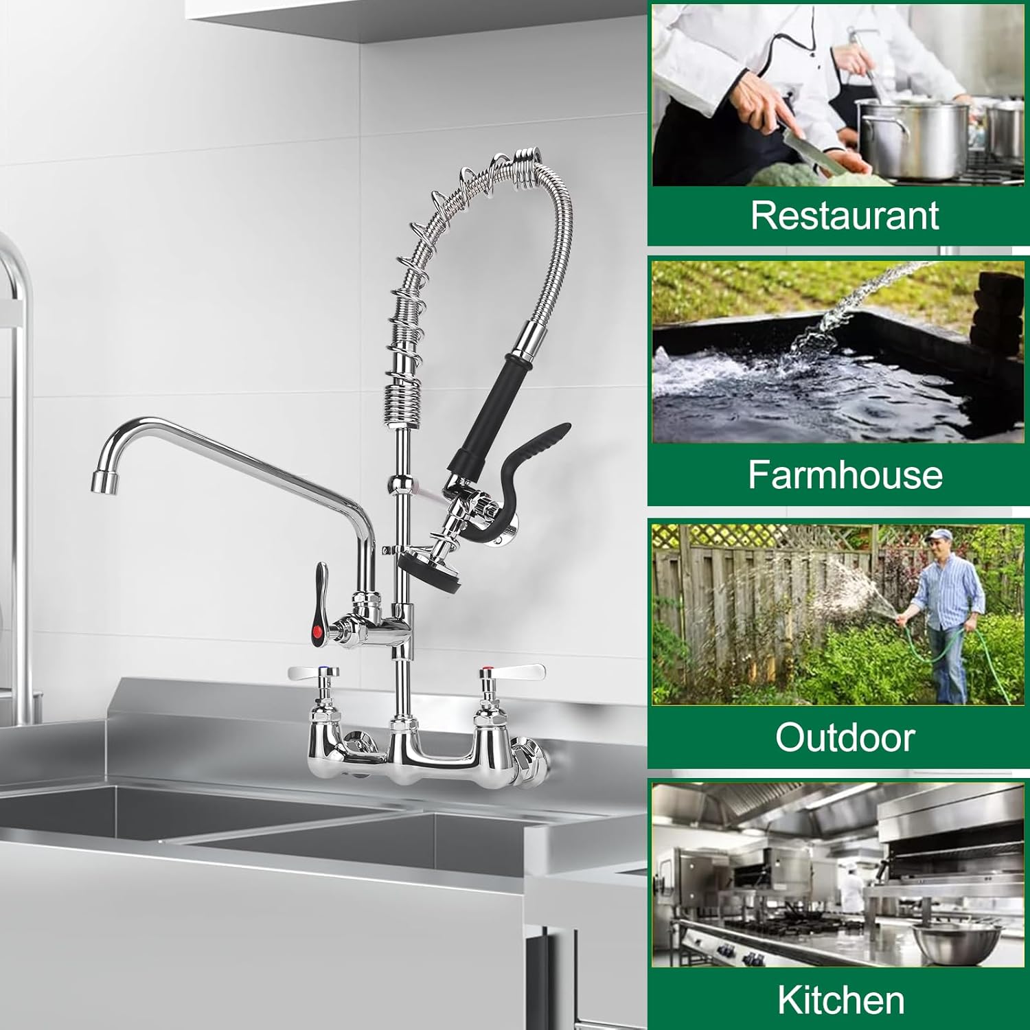 KWODE Commercial Sink Faucet Wall Mount with Sprayer 8" Center 25" Height Pre-Rinse Kitchen Faucet with 12" Add-on Swivel Spout and Pull Down Spray for Restaurant Industrial Compartment Sinks