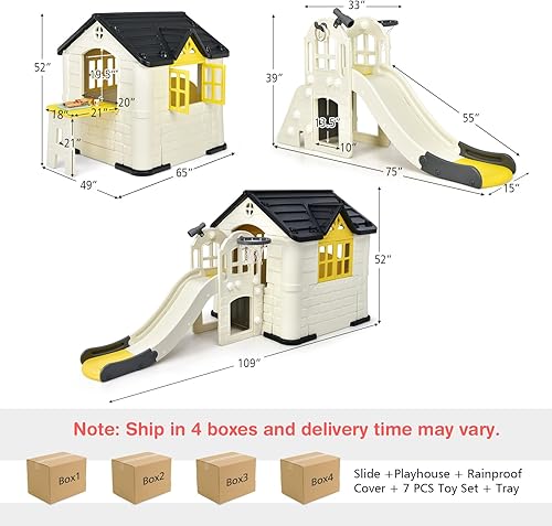 Miniatura 6 de Costzon Juego de casa de juegos y tobogán para niños casa de juegos 7 en 1 al aire libre con puertas y ventanas de trabajo mesa de picnic juego de