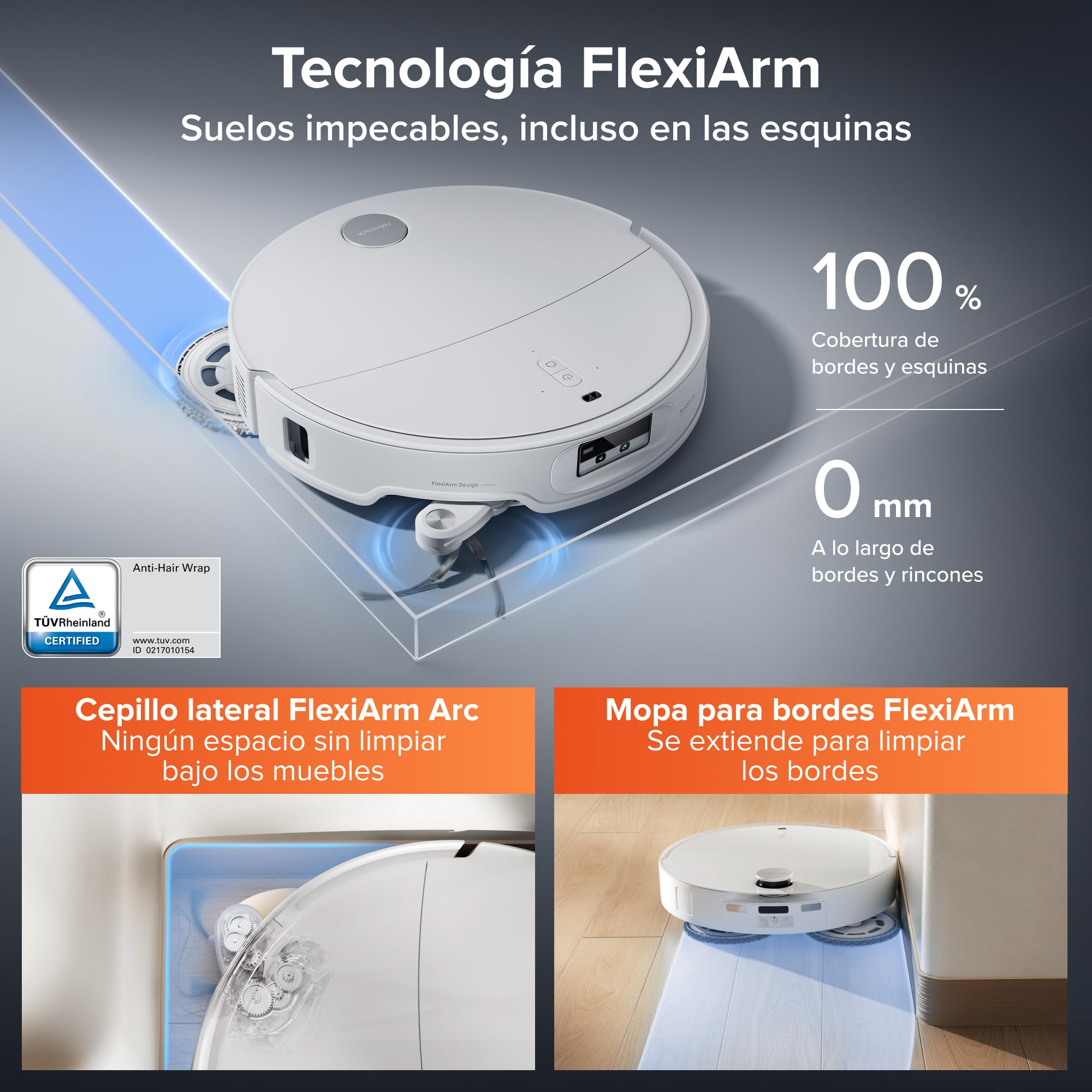 roborock Qrevo EdgeT Robot Aspirador Succión 18500 Pa, con FlexiArm | Sistema Doble Desenredos, 7,98 cm Ultrafino, Base Multifuncional 3.0 Lavar Mopa con Agua Caliente, Controlado por App y Voz