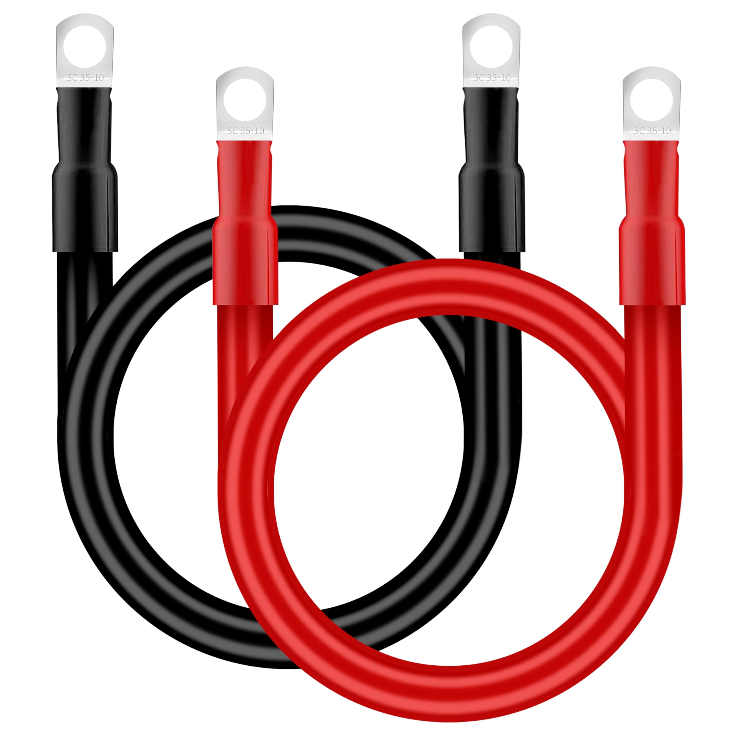 QIMEI-SHOP Cable Bateria 35mm² 50cm Cable Inversor de Batería 12V 2AWG Cables de Batería con M10 Terminales de Anillo para Automóvil Camión Moto Solar Marino Rojo y Negro 2 Piezas
