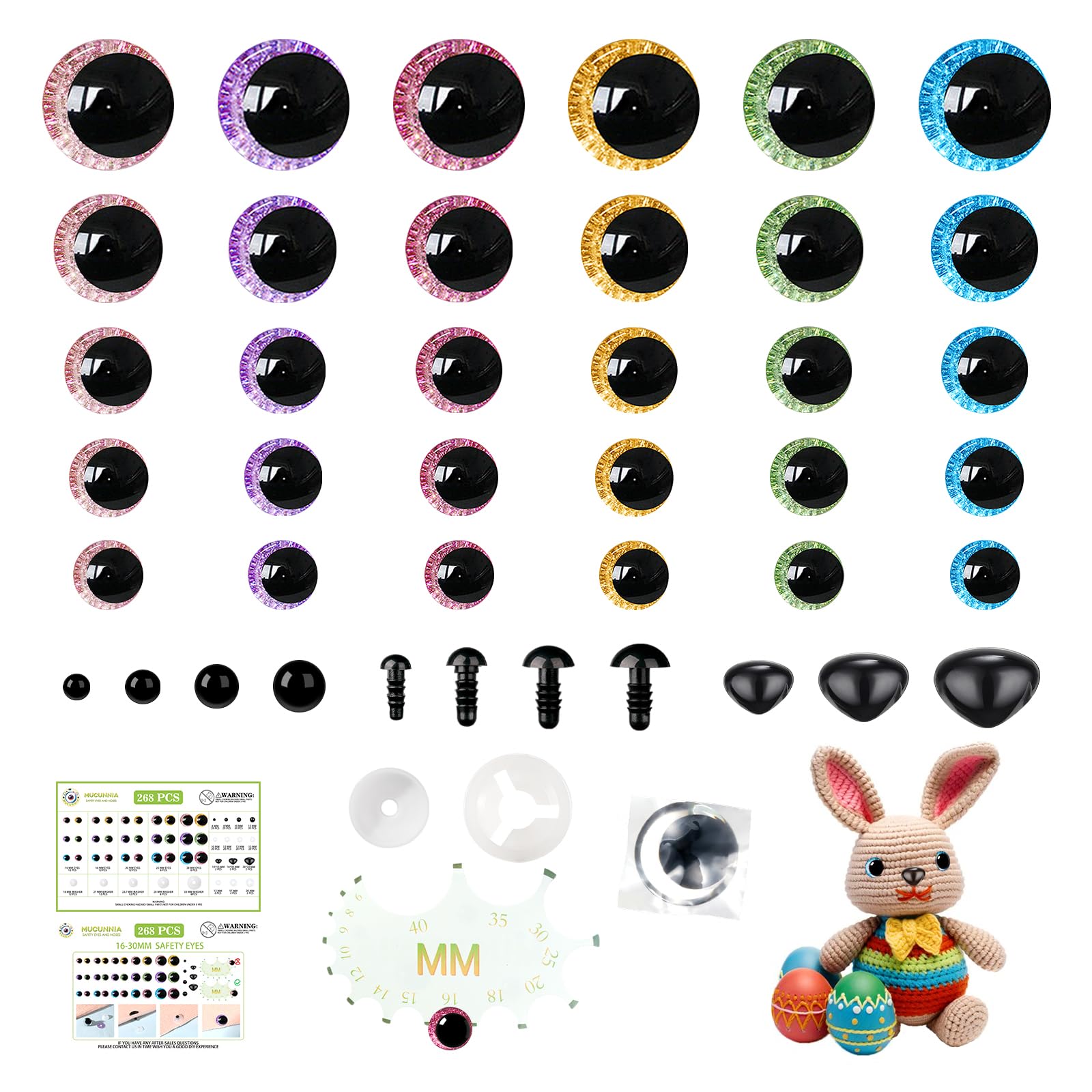 Yeux et nez de sécurité pour crochet amigurumi grand œil lune paillettes 6-30mm avec rondelles