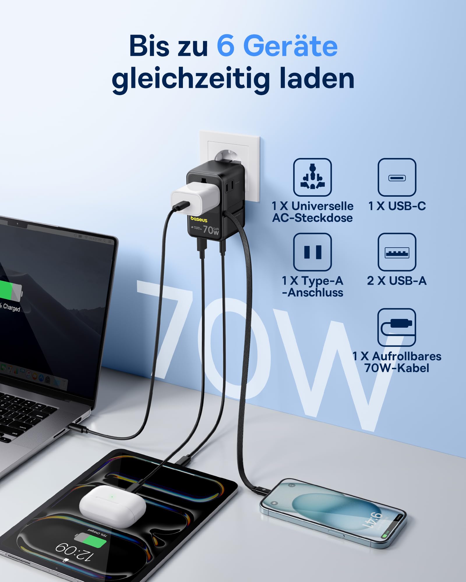 Baseus Enercore 70W Reiseadapter Weltweit mit Ausziehbarem Kabel, Universal Reisestecker mit 2AC+2USB A+USB C, Internationaler Steckdosenadapter, für USA England Japan Thailand Australien