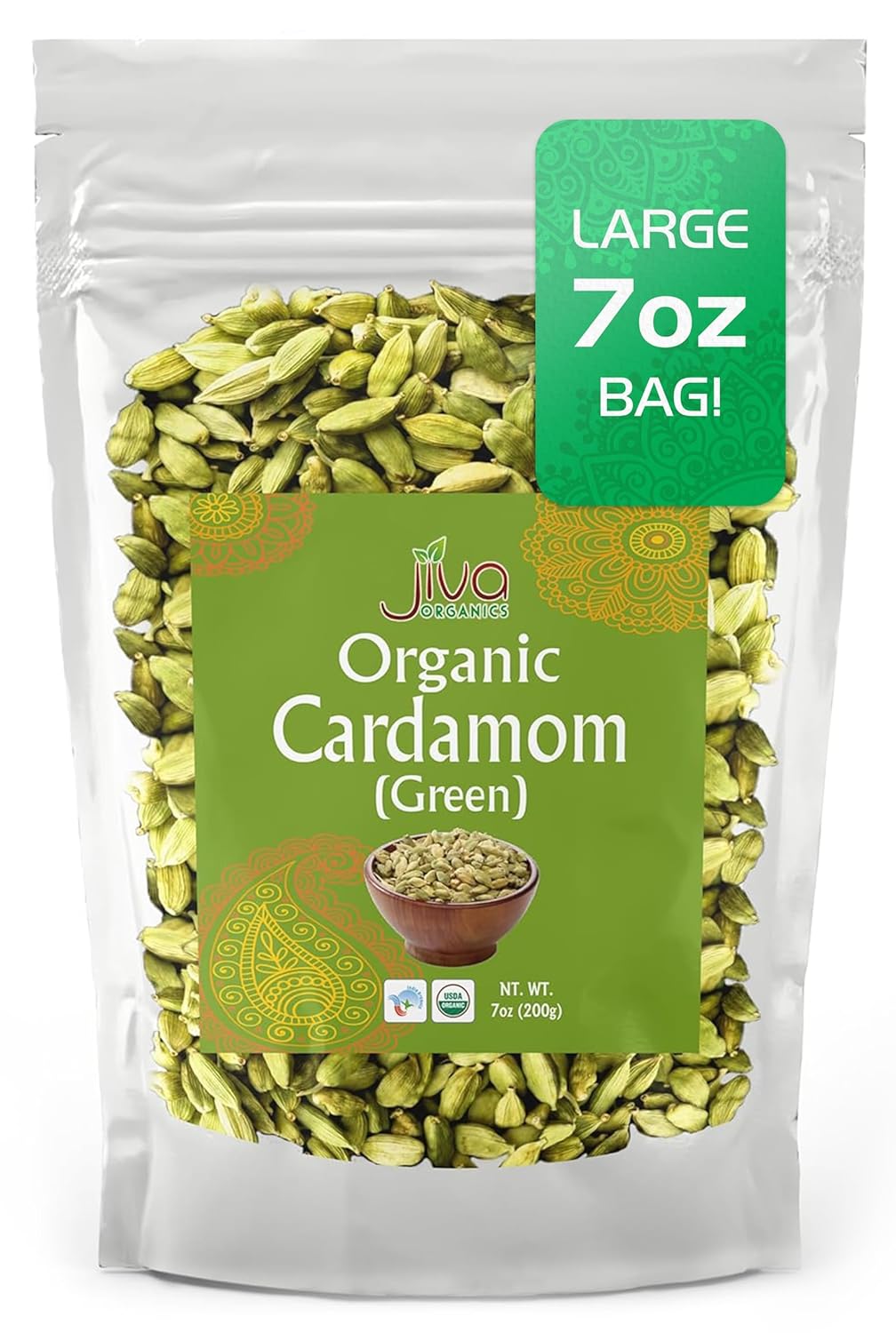 Jiva Organic Green Cardamom Pods Whole - Non-GMO, Premium Quality, Jumbo Size - 7 Ounce Bag