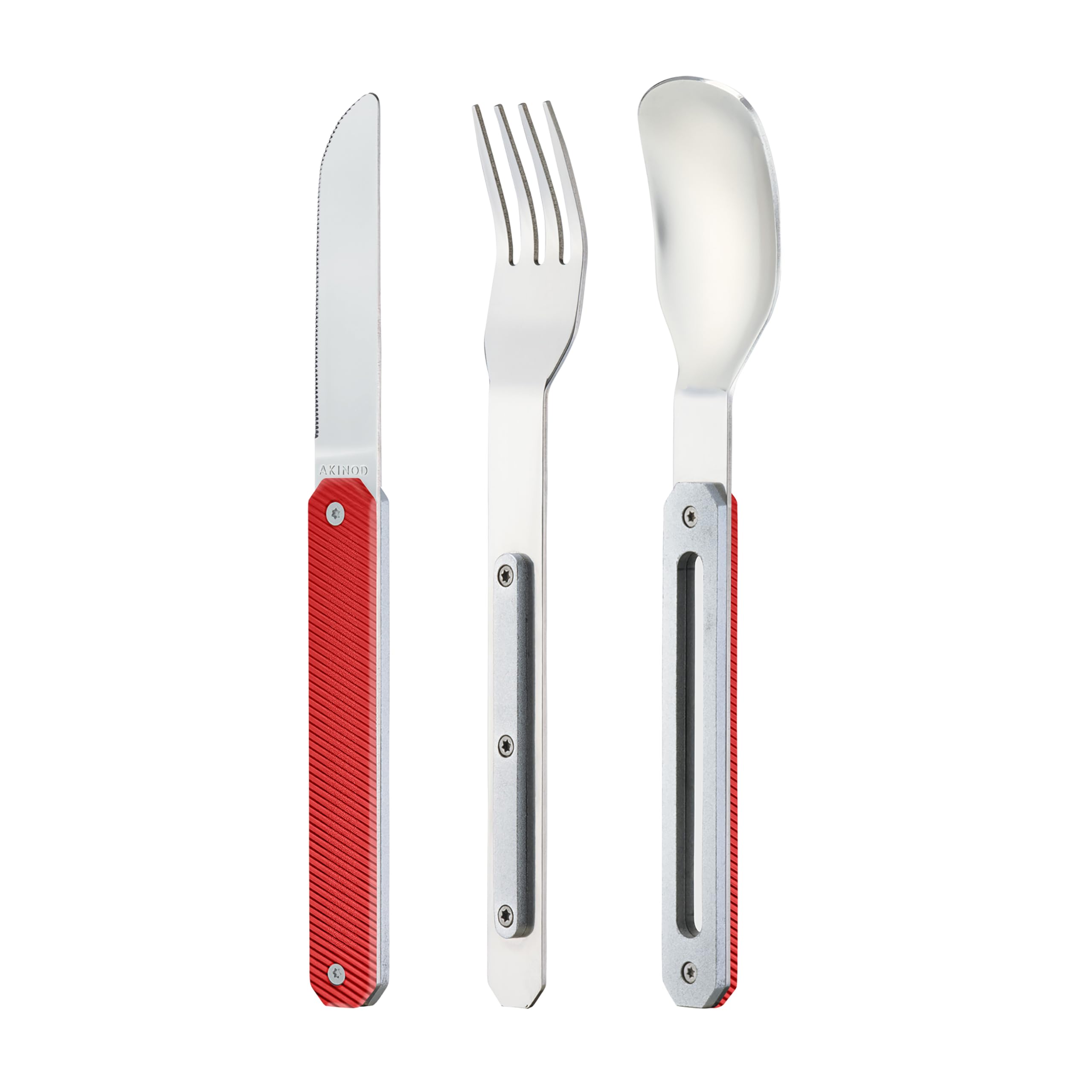 Akinod - Couverts Droits Aimantés 12:34 Aluminium Rouge - Fourchette + Couteau + Cuillère - Couverts Nomades Compacts, Durables et Élégants en Acier Inoxydable - Assemblage Aimanté