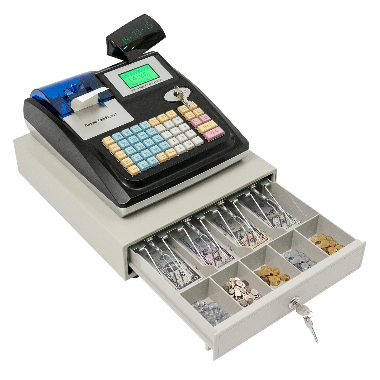 Caja registradora electrónica con cajón con cerradura, 48 llaves, sistema POS Casher, pantalla digital LED para venta al por menor, restaurante, idioma (inglés)