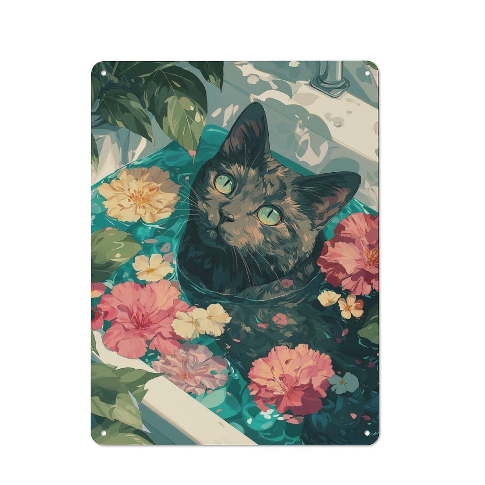 Junmoney Style-16 For Lounge Or Reading Corner, Cat In Floral Bathtub Illustration Vintage Metal Sign 40X30cm, For Collectors Decorating Lounges And Reading Corners