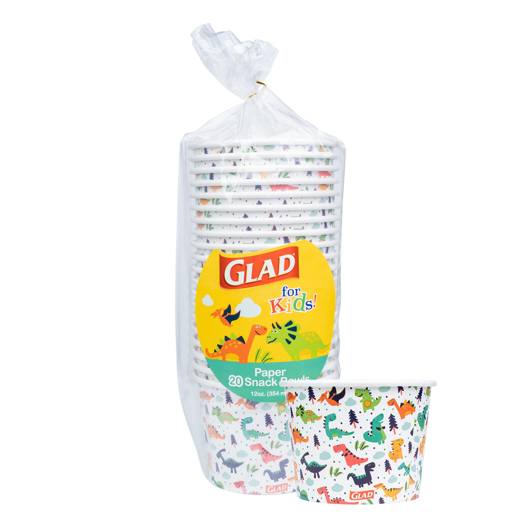 Glad for Kids Dinosaurs Paper Snack Bowls Colorful Heavy Duty Microwave Safe Disposable Bowls for Soup Ice Cream and Snacks Party Pack 12 OZ 20 Count Single Pack Everyday Kids Serveware