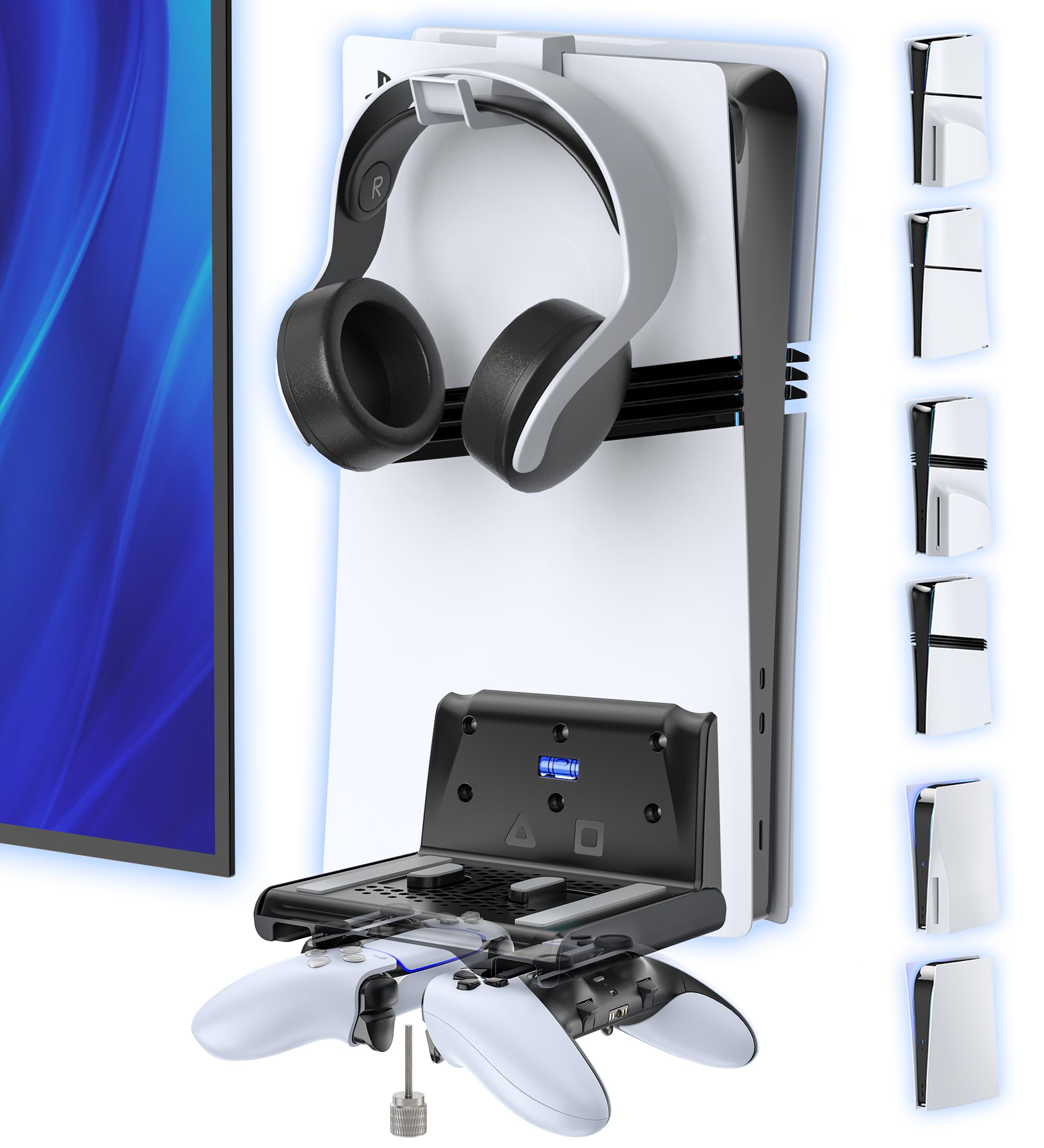 Supporto Parete PS5 per PS5/Slim/Pro Disc & Digital, Supporto Verticale PS5 Può Ospitare due Controller P5, Supporto Playstation 5 da Muro e Kit di Accessori, Base PS5 con Gancio per Cuffie (Nero)