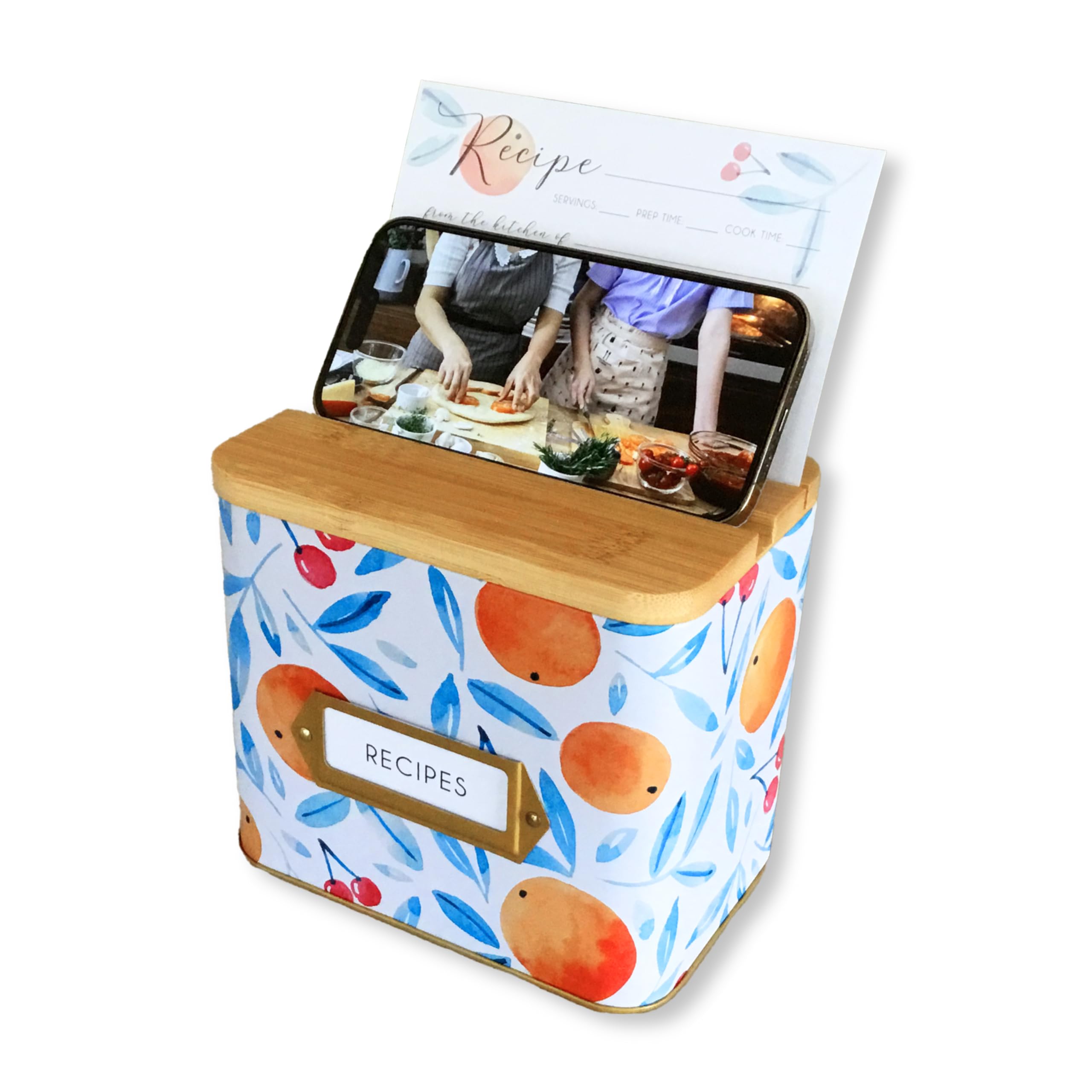 Hearth & Serenity Recipe Box with Cards and Dividers | Watercolor Decorative Tin Body, Bamboo Lid with Phone Holder and Card Holder | Includes 50 4x6 Recipe Cards, 10 Dividers and Gift Box, RB2023