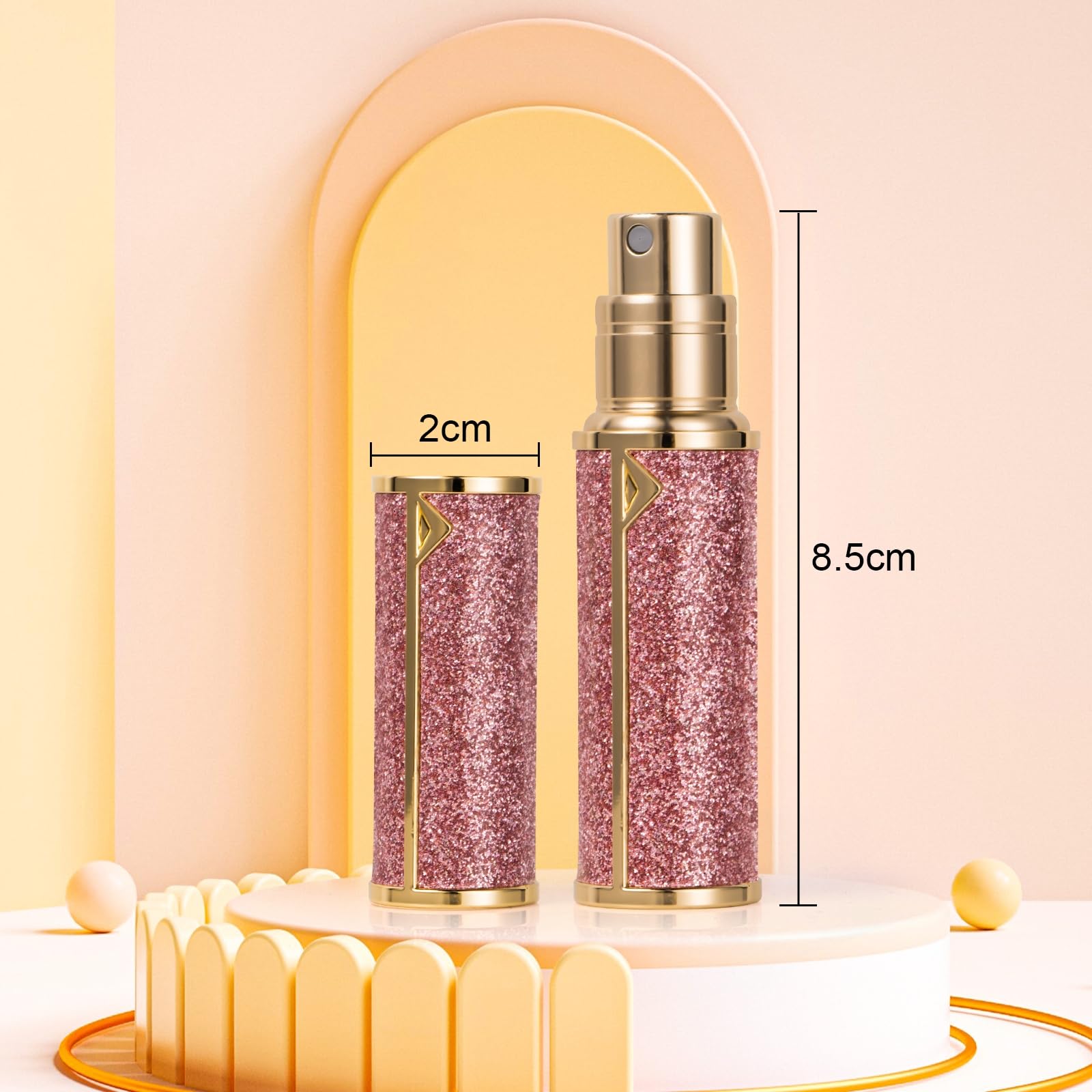 Nachfüllbare Reise-Parfümflasche 5 Ml - Mini-Zerstäuber, Glitzernd Rosa, Auslaufsicher, Mit Adaptern