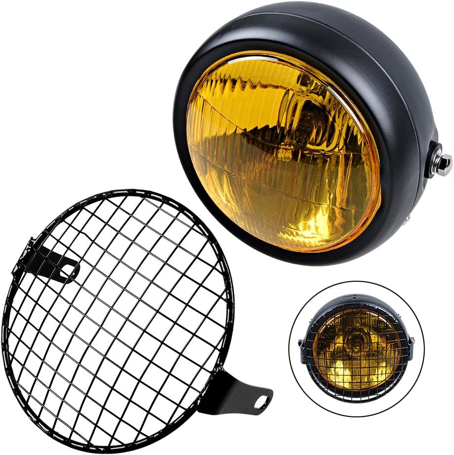 Astra Depot Universal Motorcycle Amber 6 1/2" Headlight + Headlamp Cover Mesh Grill Cafe Racer Bobber