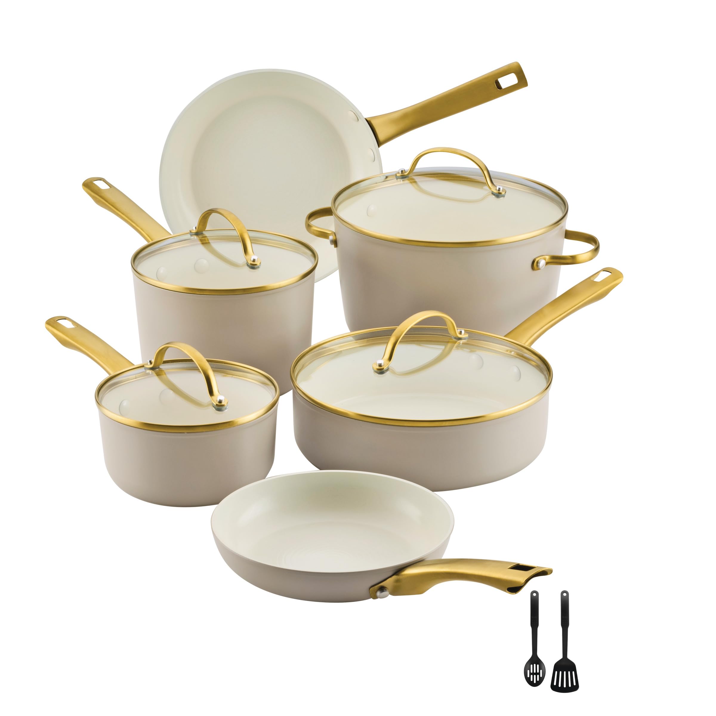 Farberware Forged Induction Ceramic Nonstick Pots and Pans Set with Cooking Tools, Dishwasher Safe, Gold Color Stainless Steel Handles, 12 Piece Cookware Set - Taupe