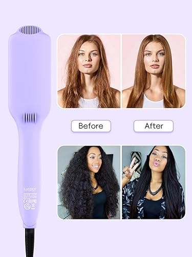 Miniatura 6 de LANDOT Cepillo alisador de pelo calentado, ion negativo, alisador de cepillo plano caliente para resultados suaves y sin encrespamiento, cepillo