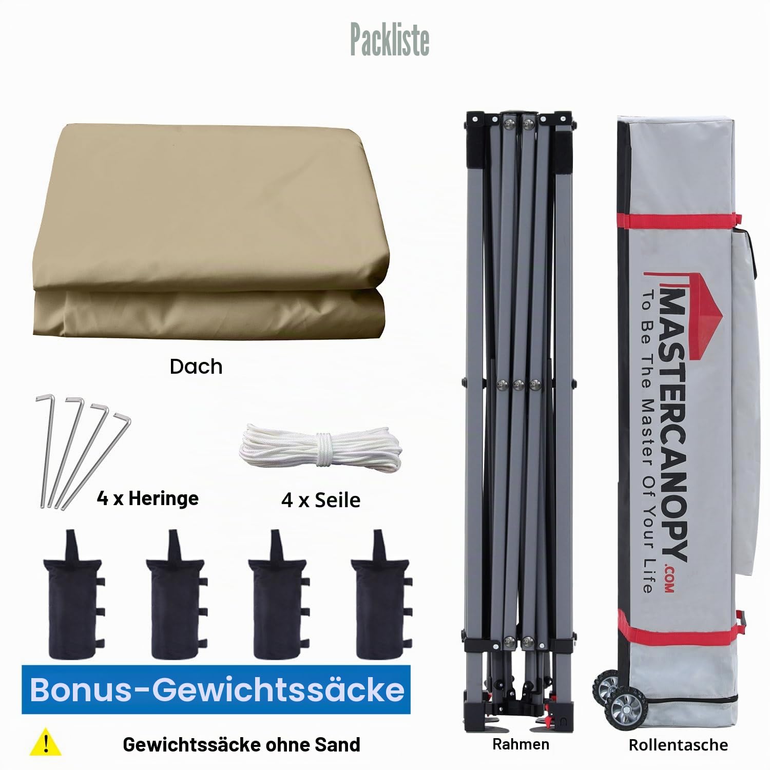MASTERCANOPY Pop-up-Pavillon mit 4 Seitenwänden 2,5x2,5 Schnellaufbau, 3-Fach höhenverstellbar, UPF50+, wasserabweisend, inkl. Rolltasche + 4 Sandsäcke, für Camping, Events, Garten, Beige