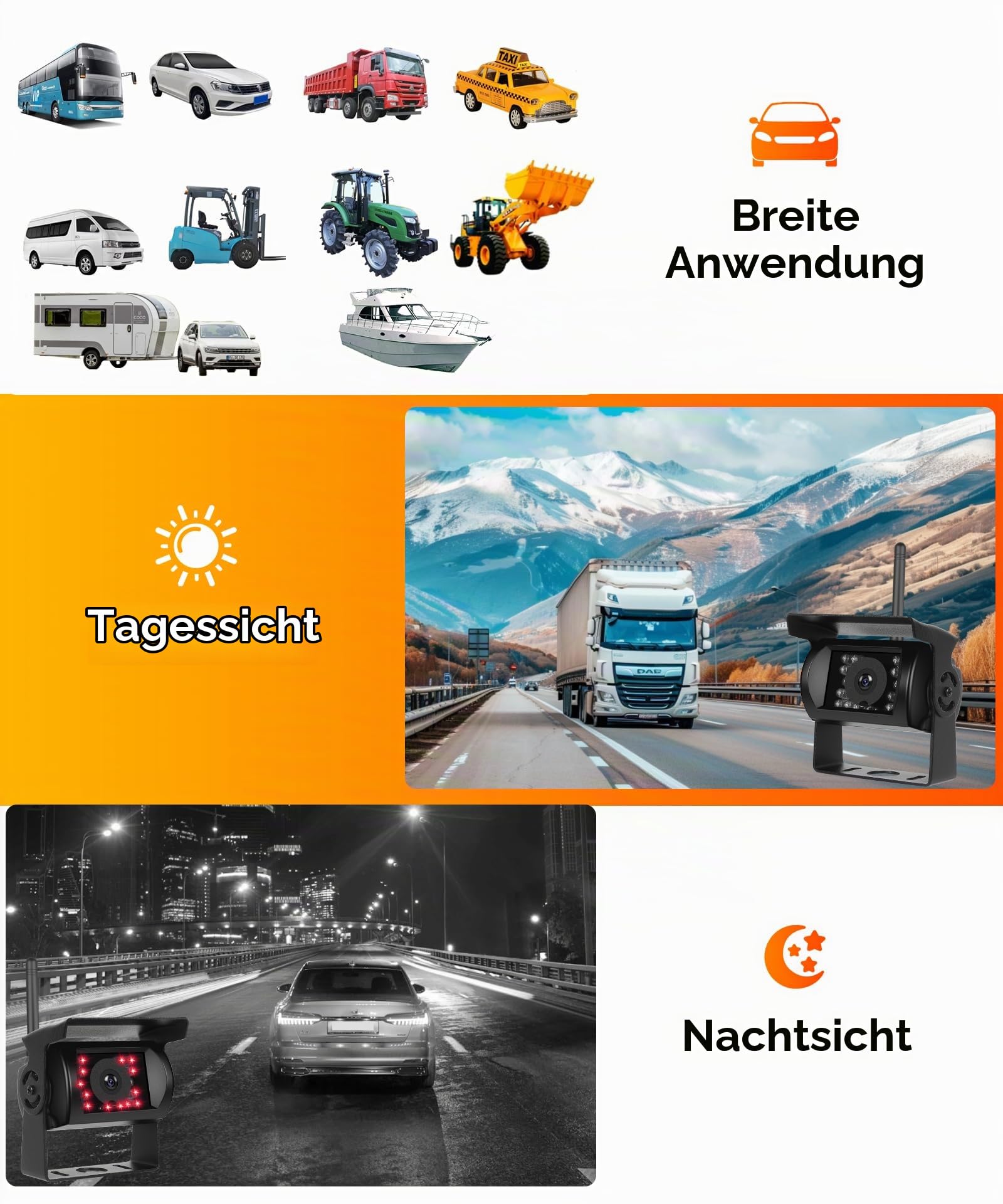 VECHTEL 2*rückfahrkamera kabellos mit 7 Zoll Monitor,BSD System,Einparkhilfe,1080p AHD Rückfahrkamera Auto Nachtsich/IP68 Wasserdicht für SUV LKW Wohnmobil,DC 12–36 V