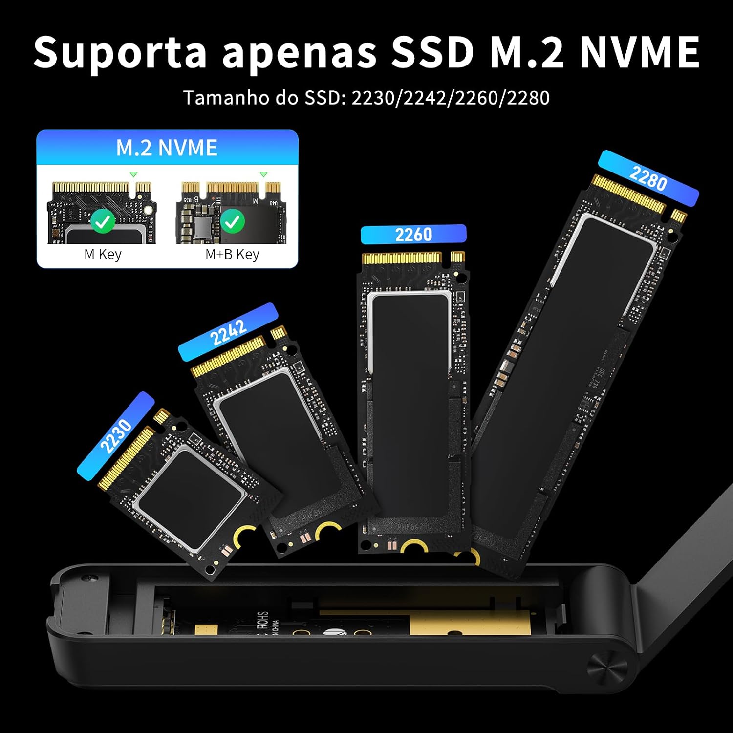 Gabinete SSD M.2 NVMe, Gabinete SSD M2 de 10 Gbps, Gabinete de disco rígido USB 3.2 Gen 2 para SSD PCIe M.2 NVMe, Chave M B+M, com chaves M e B&M e SSDs de tamanho 2230/2242/2260/2280 Gabinete SSD M.2 NVMe, Gabinete SSD M2 de 10 Gbps, Gabinete de disco rígido USB 3.2 Gen 2 para SSD PCIe M.2 NVMe, Chave M B+M, com chaves M e B&M e SSDs de tamanho 2230/2242/2260/2280