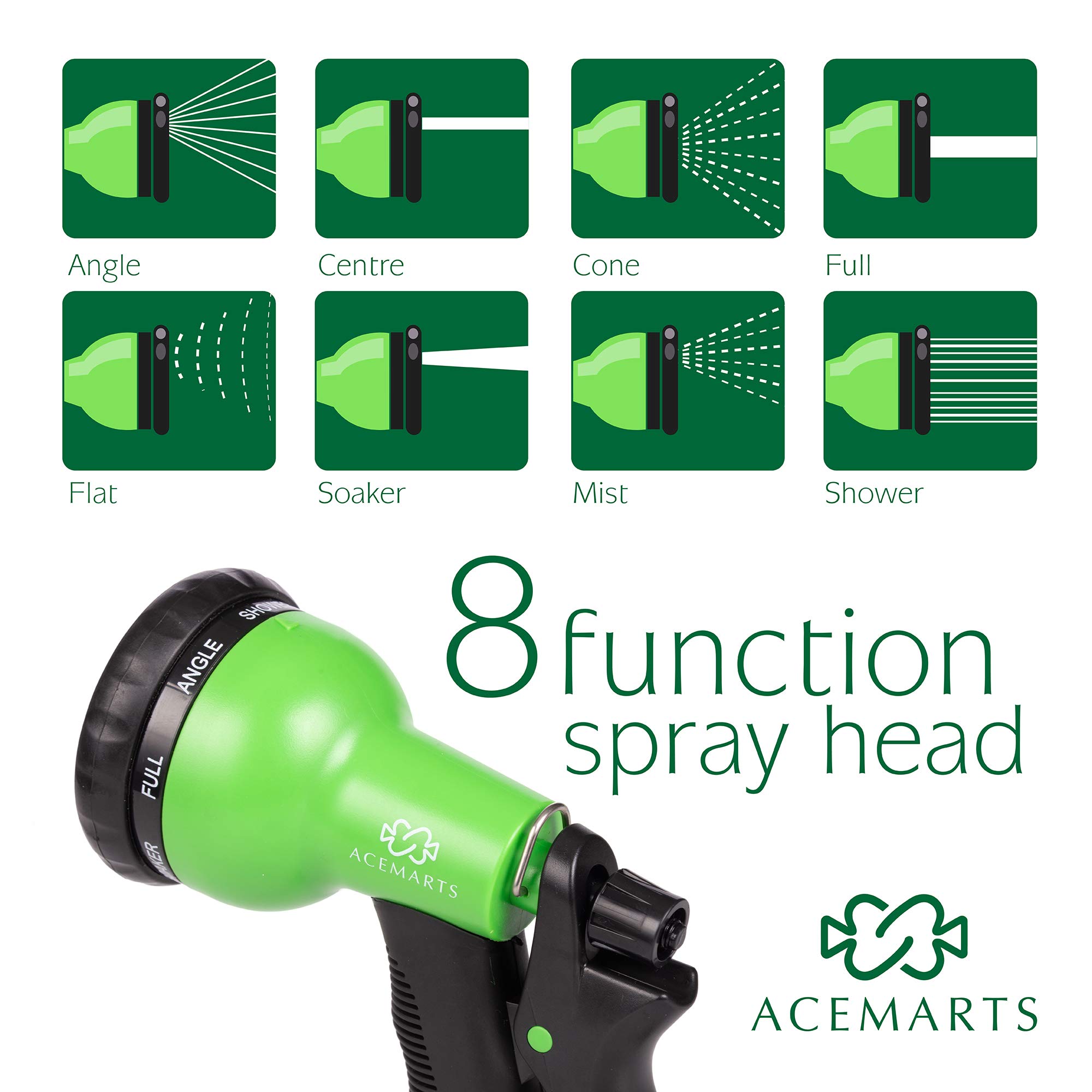 Acetarts, tubo da giardino espandibile, 30 m, leggero, in lattice di qualità, connettori in ottone massiccio e 8 ugelli per l'uso di molte altre opzioni