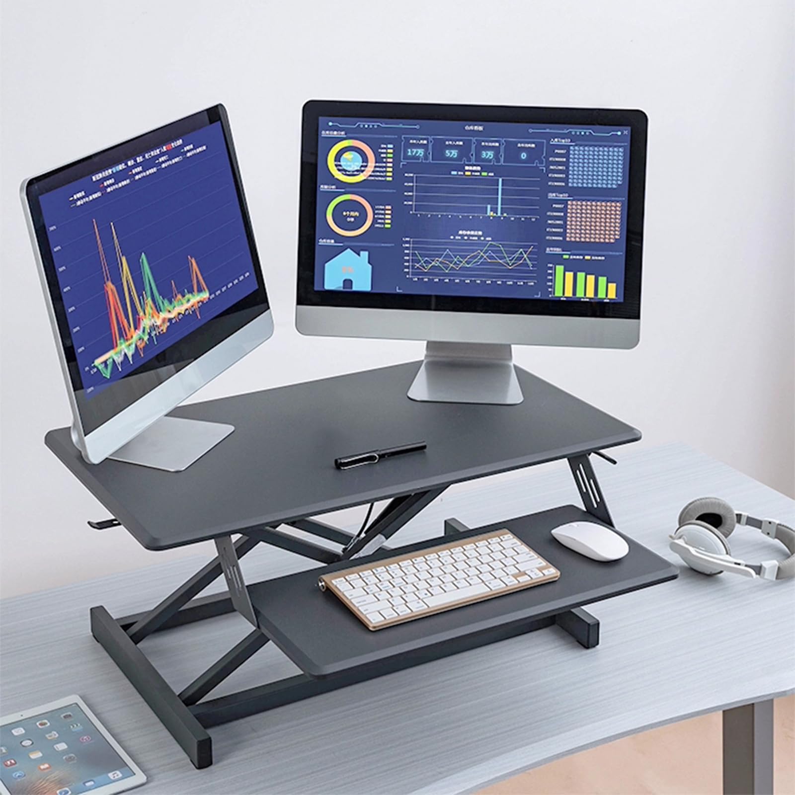 Poste de Travail Assis-Debout - 30'' Station de Travail Debout à Hauteur Facilement Réglable avec Plateau de Clavier, Bureau Assis-Debout et Tableau de Notes jusqu'à 36kg(55cm/21.6in,Grey)