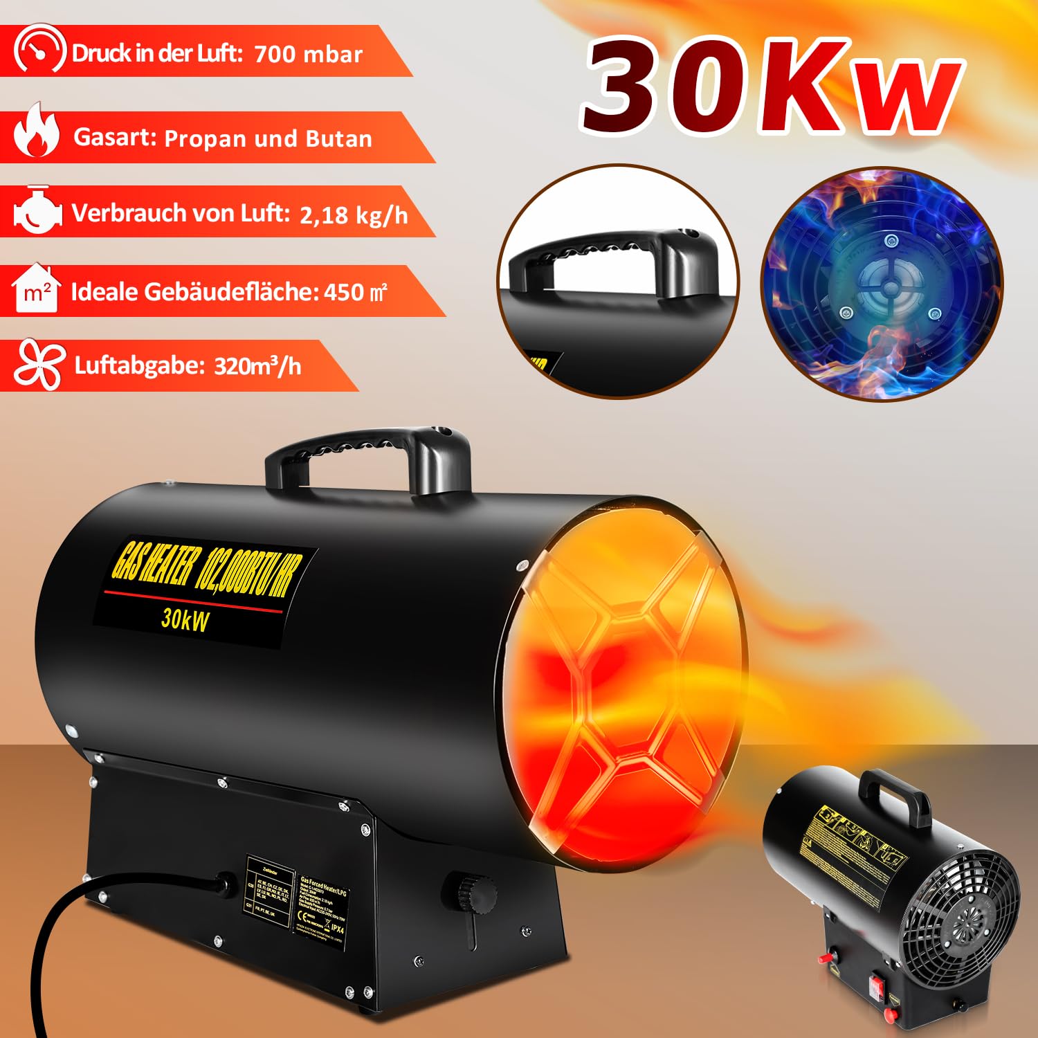 HENGMEI Gaskachel, 15 kW, inclusief verbindingsslang en gasdrukregelaar HENGMEI Gaskachel, 15 kW, inclusief verbindingsslang en gasdrukregelaar