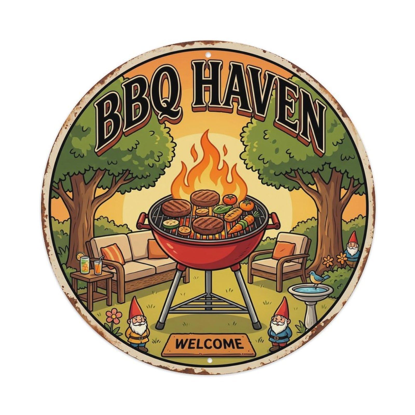 Yrnq Vintage Style Vintage Bbq Barbecue Haven Artwork Metal Tin Sign Plaque Wall Decor For Cafe, Club, Garden Round Metal Poster 8X8inch