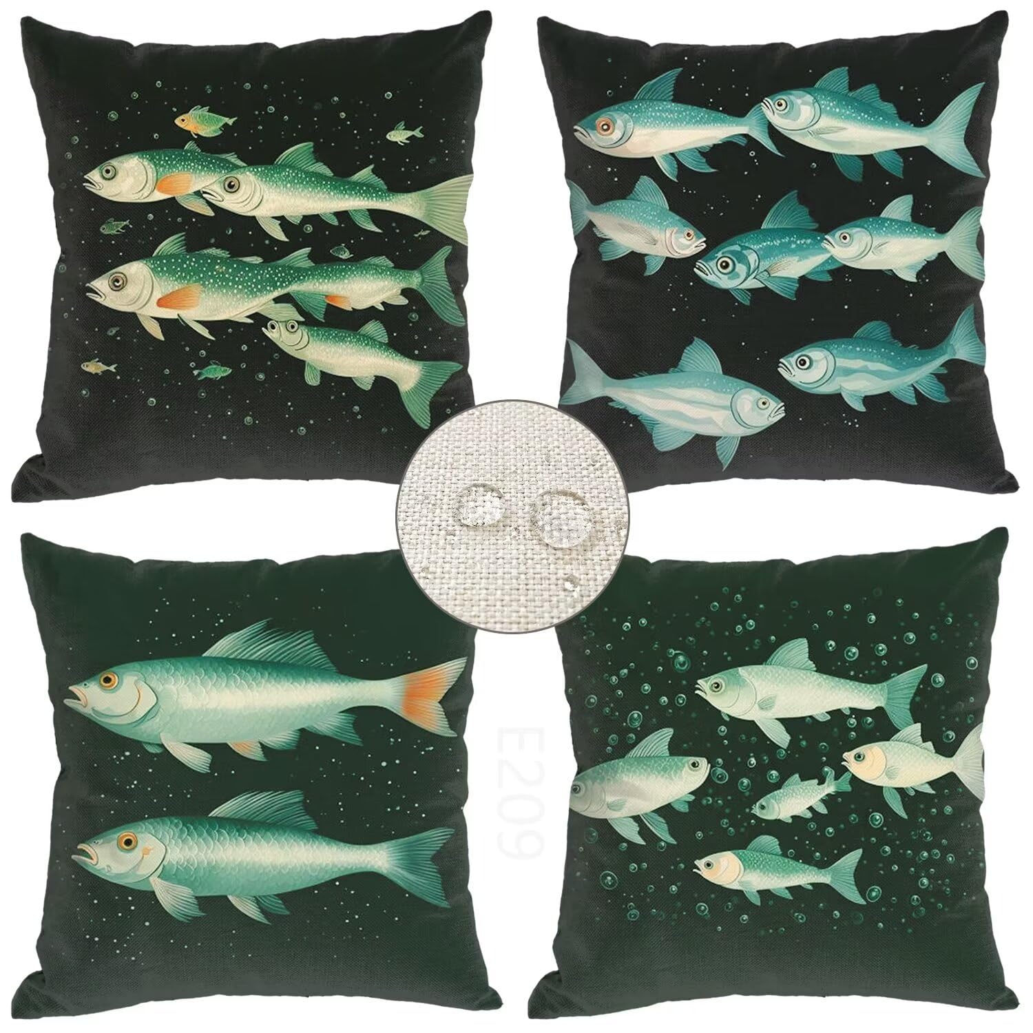 Set di 4 Cuscini per Divano in Lino,Quadrato Doppio Lato Verde Federe Cuscini Divano,65x65cm Esterno Impermeabile Cuscino,per Moderno Patio Esterno Giardino Soggiorno Decorazioni (Pescare) LY-209