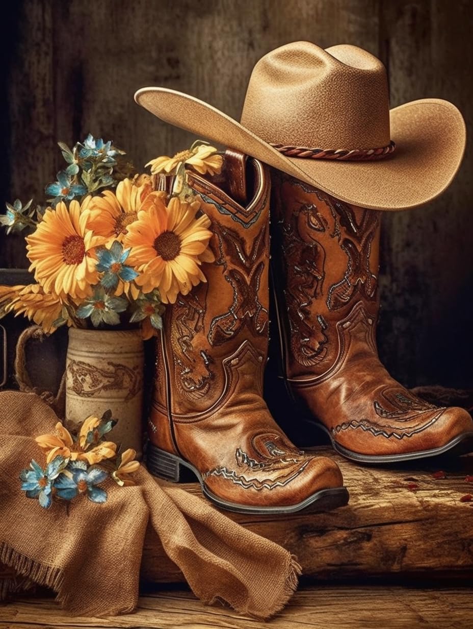 Diamond Art Painting Kits for Adults, 5D DIY Full Western Cowboy Vintage Hat and Boots Flowers West Rodeo（1） Home Wall Decor 12 x 16 Inch