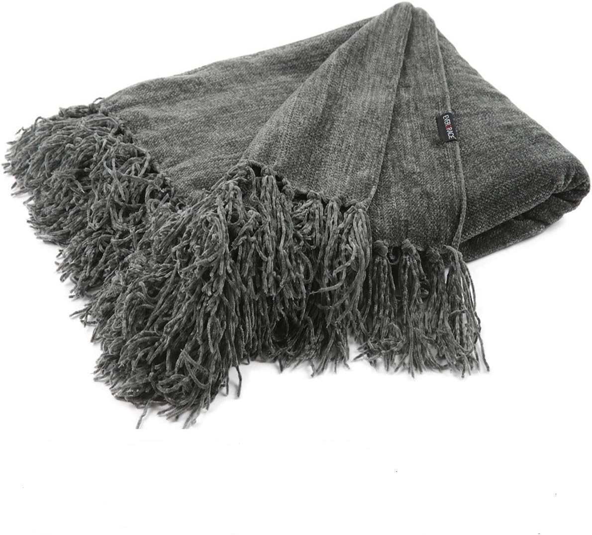 Fluffy Cozy Chenille Throw Blanket with Decorative Fringe 60 x 50 Luxury Tassel Throw Blanket for Couch Sofa Chair Bed Office Home Décor Grey