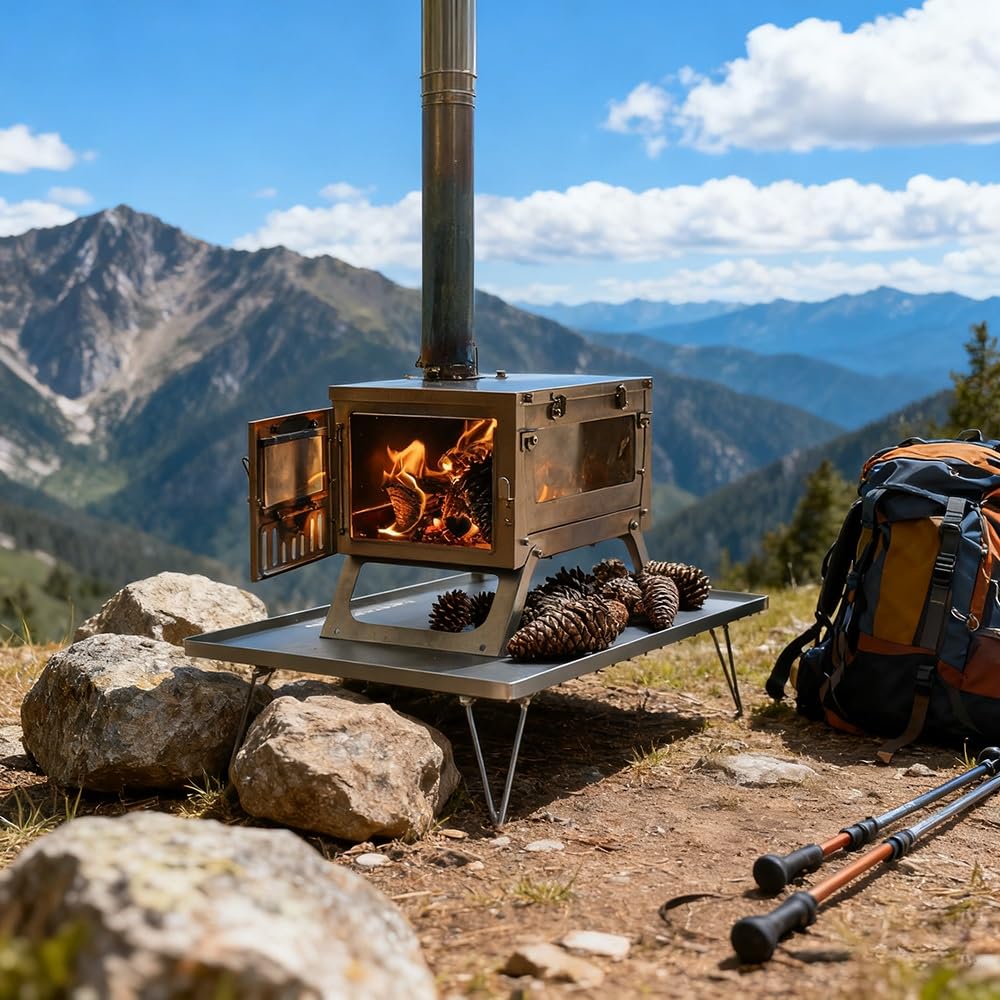 WYWY Camping-Holzofen,Zeltofen aus 430er Edelstahl, faltbar, mit Frontfenster und einem Seitenfenster, geeignet für Camping, Kochen, Jagen(A)