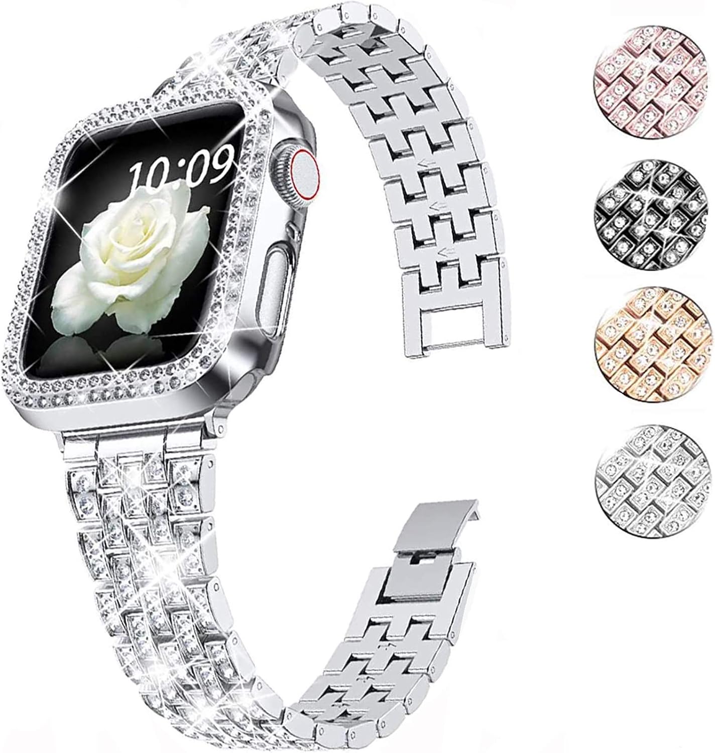 Goton Compatible for Apple Watch Band 38mm, Women Bling Diamond Replacement Strap Bracelet & Bling Bumper Protective Case Compatible for iWatch Band Series 3 / 2 / 1 (Silver , 38mm)