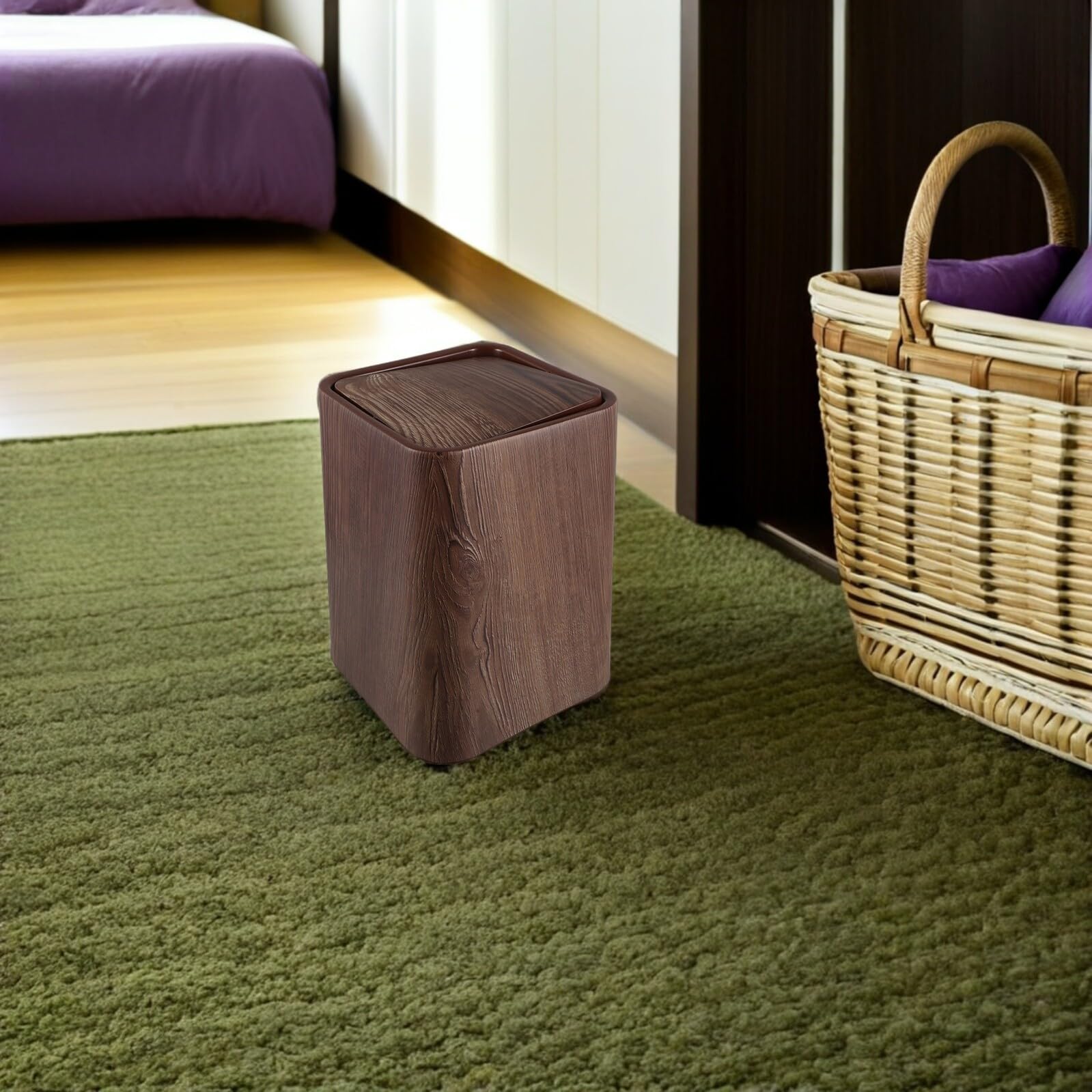 EXCEART Cubo de Basura Rectangular y Antivuelco con Tapa Abatible de Plástico Fácil Mantenimiento y Diseño Imitación Madera para Dormitorio y Oficina Elegante