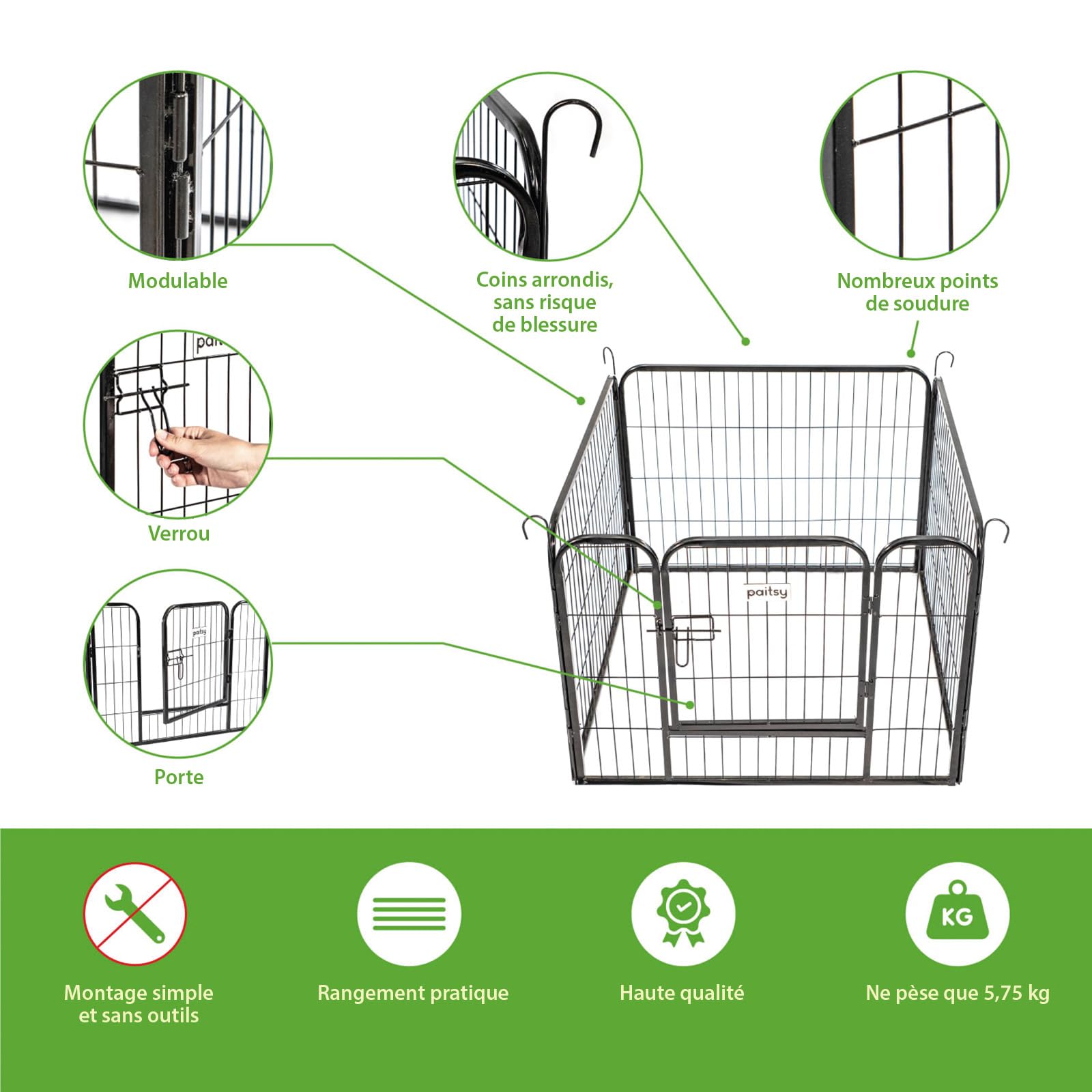 Parc Enclos pour Chien Chiot et Lapin GARDEO80x60x4, 4 Panneaux 80X60cm, 0,64M2, modulable, intérieur et extérieur, Pliable, Garantie 5 Ans