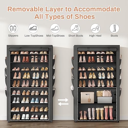 Miniatura 6 de Zapatero con tapa, organizador de zapatos de 10 niveles para 40-50 pares de zapatos deportivos y botas, gran capacidad, con 8 bolsillos, zapatero
