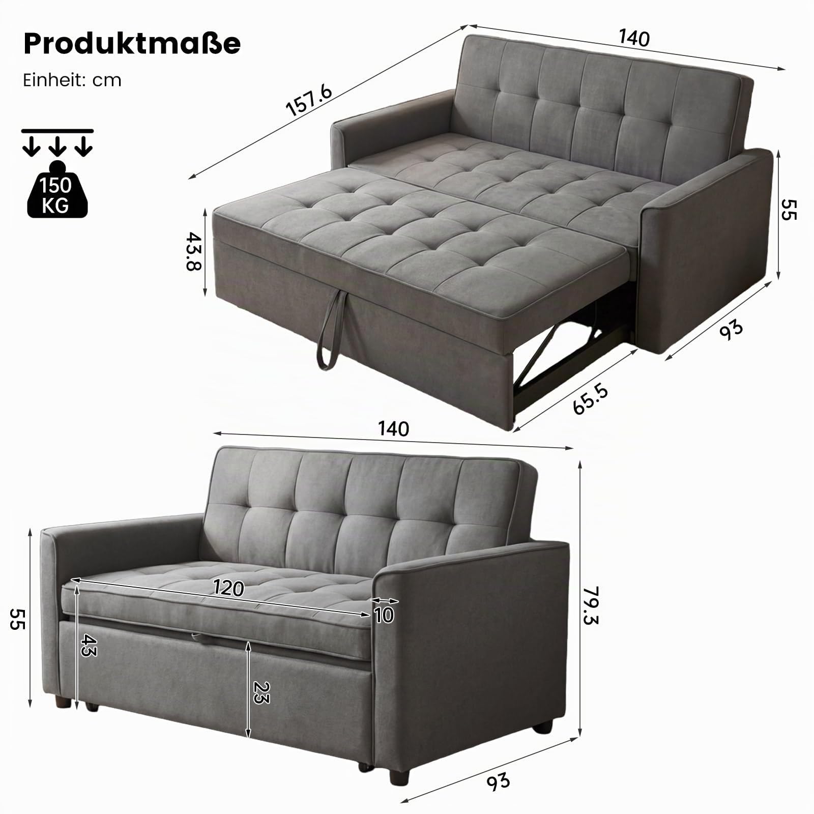 Guyii Schlafsofa 3-Sitzer Grau, Ausziehbares Sofa mit Schlaffunktion und Bettfunktion, Gepolstertes Bettsofa mit Armlehnen, Schlafcouch für Wohnzimmer, Gästezimmer, Kleine Räume
