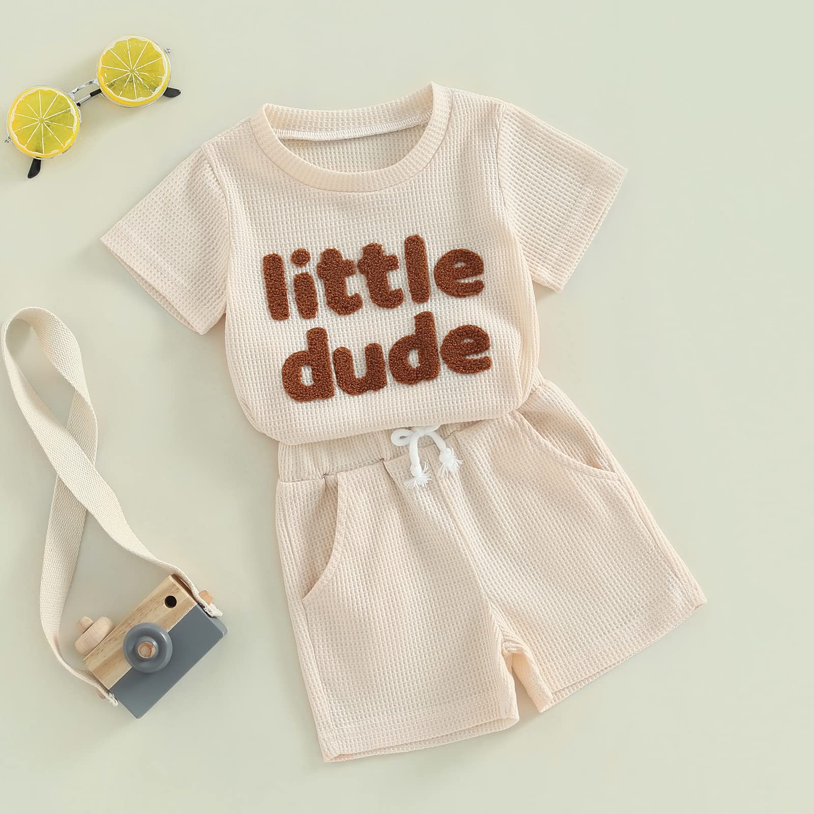 Baby Boy Summer Clothes Toddler Boys Short Sleeve Little Dude Embroidery Letter Shirt Top Solid Color Short Outfit (Apricot, 18-24 Months)