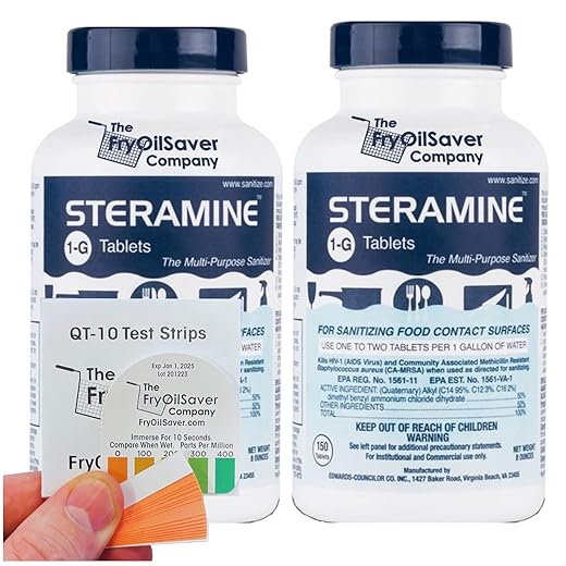 2 Bottles Steramine Sanitizer Tablets - 15x QT-10 Test Strip - Multi Purpose Steramine Sanitizing Tablets for Food Contact Surface in Kitchen, Restaurant & Food Service by FryOilSaver Co. (300 Count)